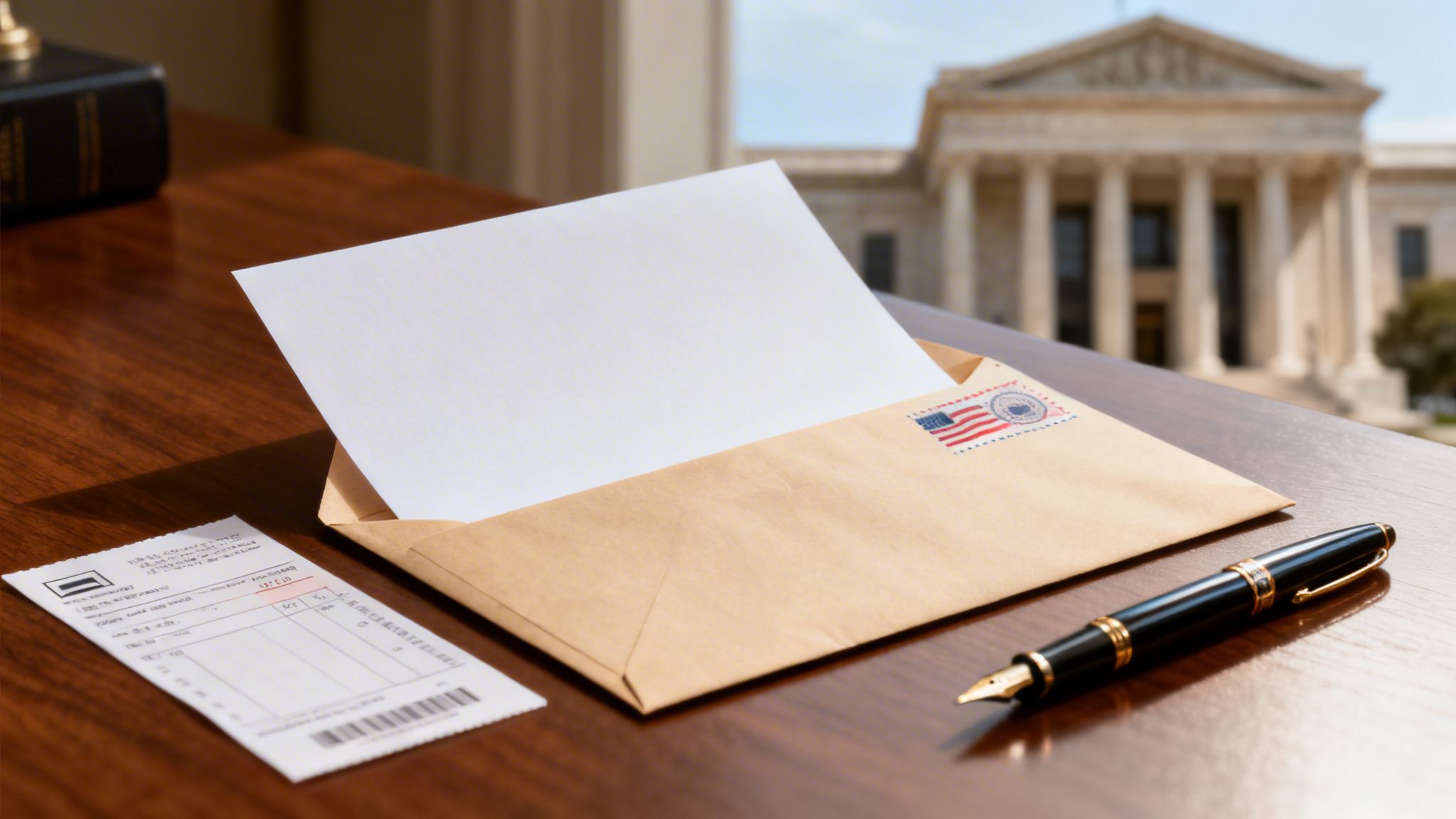 Une enveloppe ouverte avec une feuille vierge, un timbre américain, un stylo et un reçu sur une table en bois, avec un bâtiment officiel en arrière-plan.