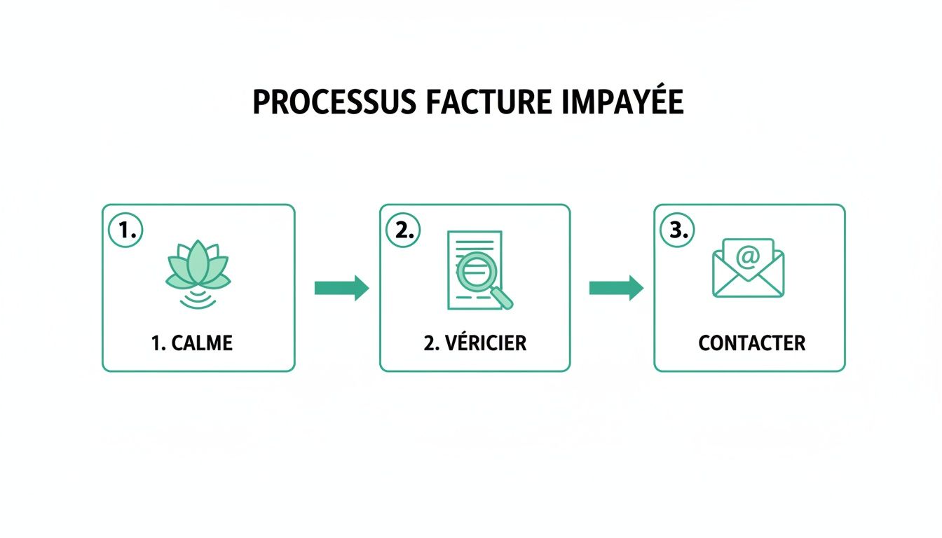Un diagramme de processus illustrant les étapes à suivre pour gérer une facture impayée: calmer, vérifier les détails, puis contacter le débiteur.