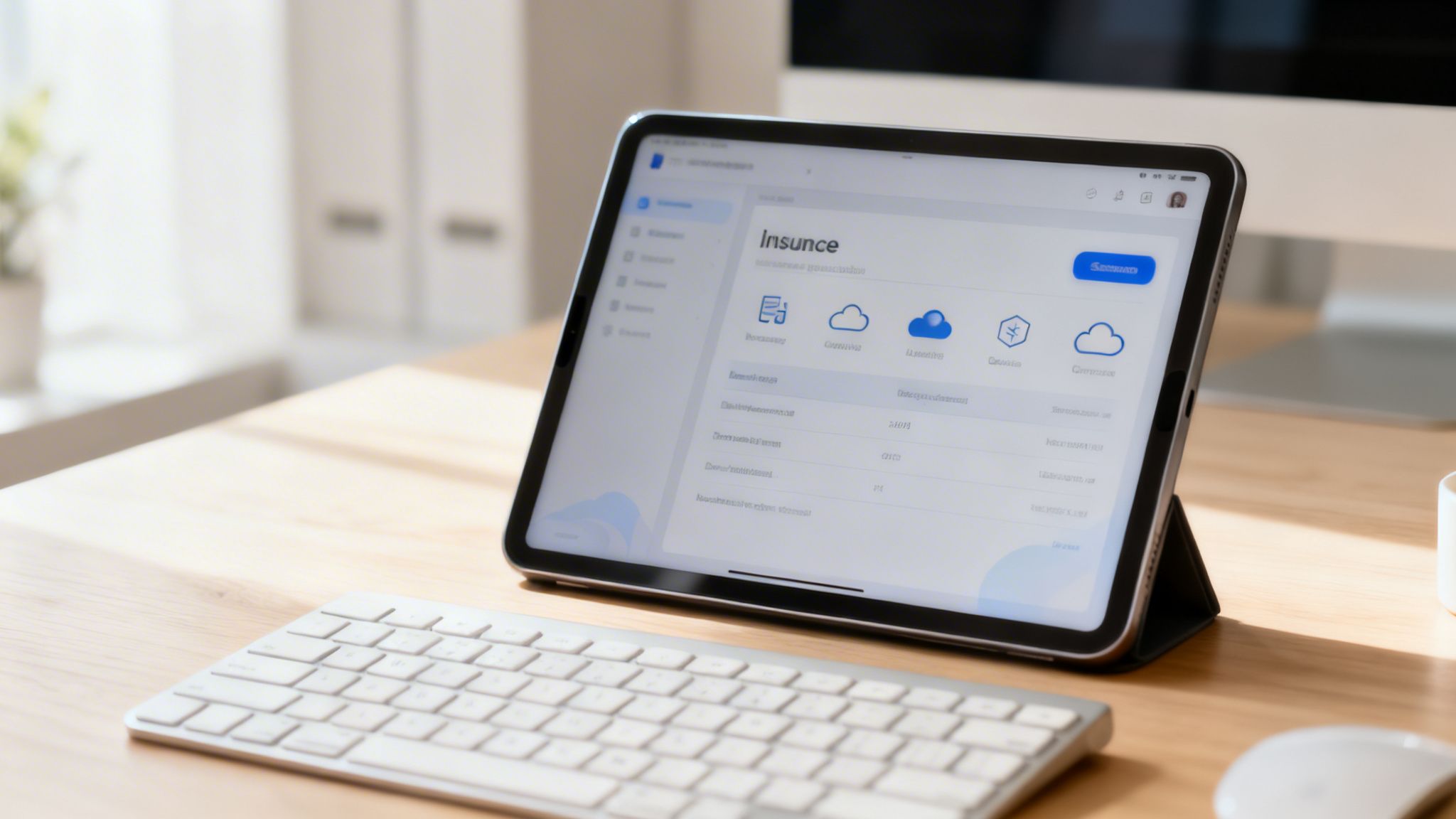 Tablette numérique sur un bureau en bois, affichant une application de gestion avec des documents et des icônes de service.