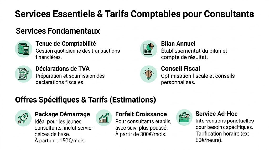 Aperçu des services comptables essentiels et des offres tarifaires adaptées aux besoins des consultants indépendants.