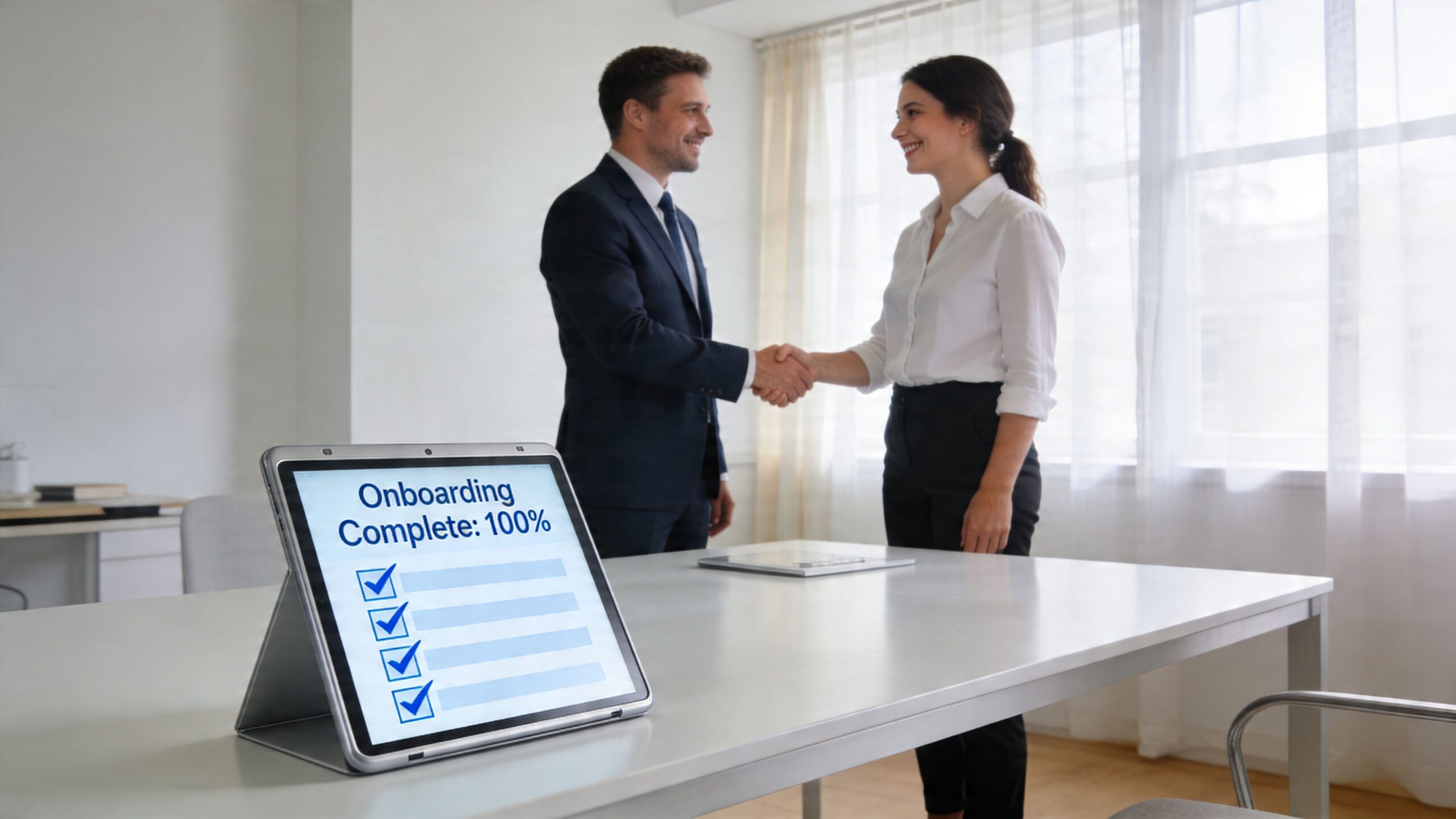 Un consultant professionnel serre la main d'une femme après une session d'intégration réussie montrée sur tablette