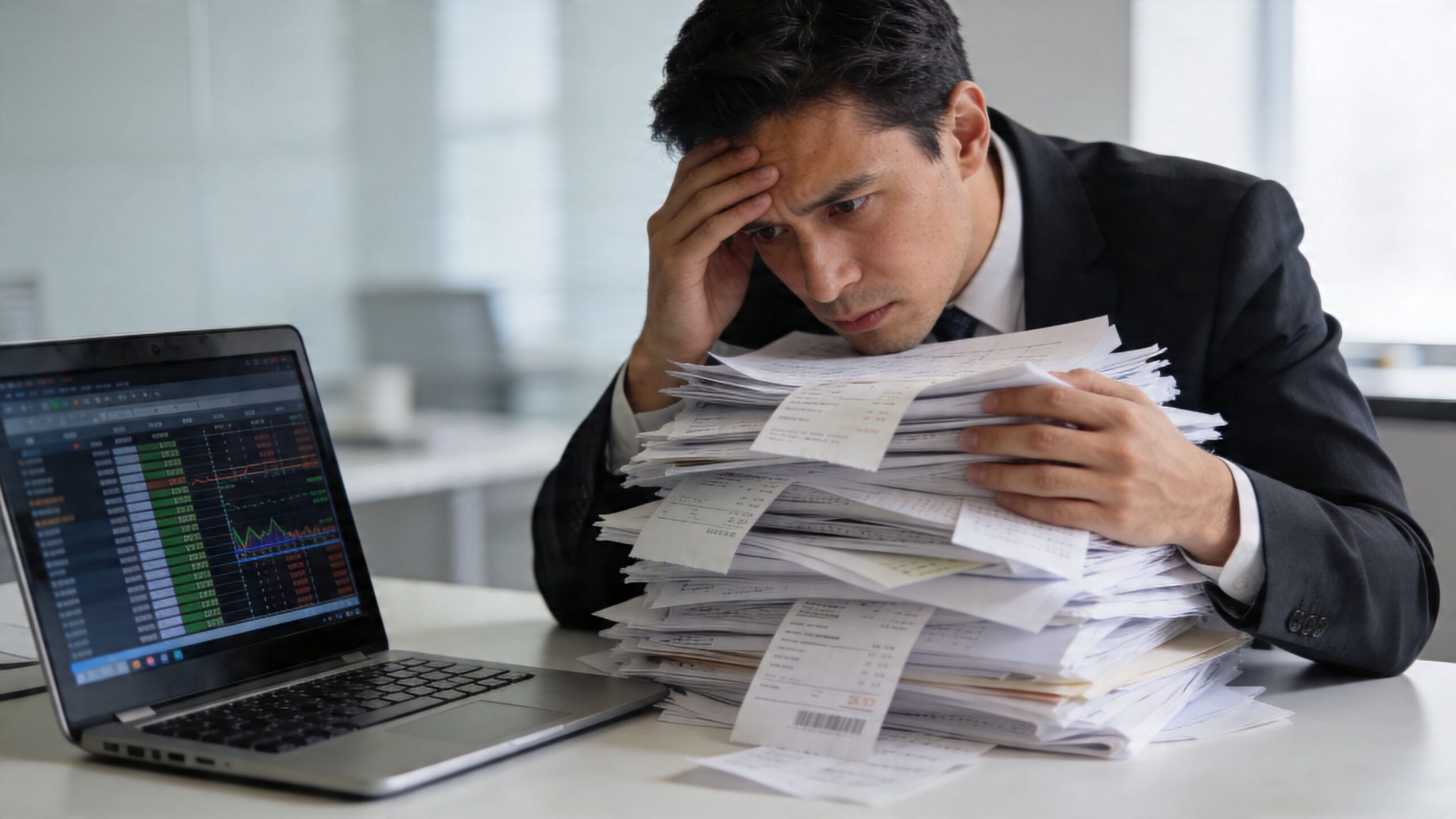Un comptable stressé assis à son bureau devant un ordinateur portable et une pile de documents financiers.
