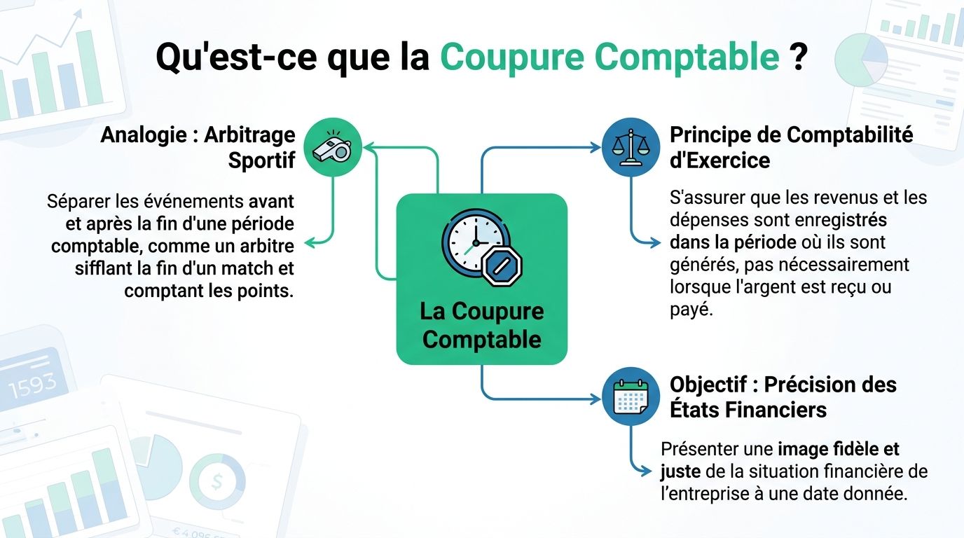Infographie explicative sur la coupure comptable, illustrant son principe, son objectif et son analogie sportive simple.