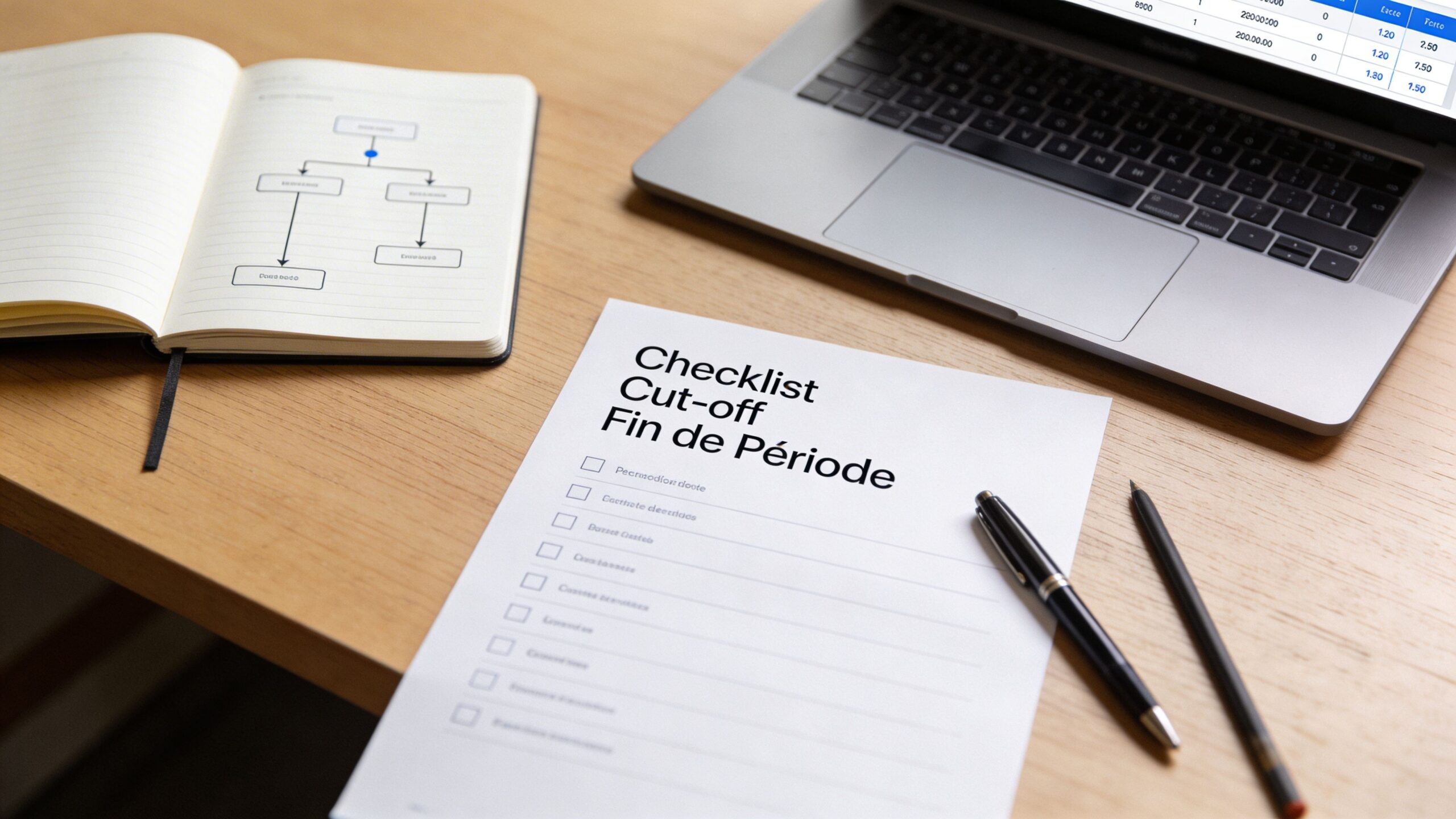 Vue en plongée d'un bureau avec un ordinateur, un carnet de notes et une liste de contrôle comptable.