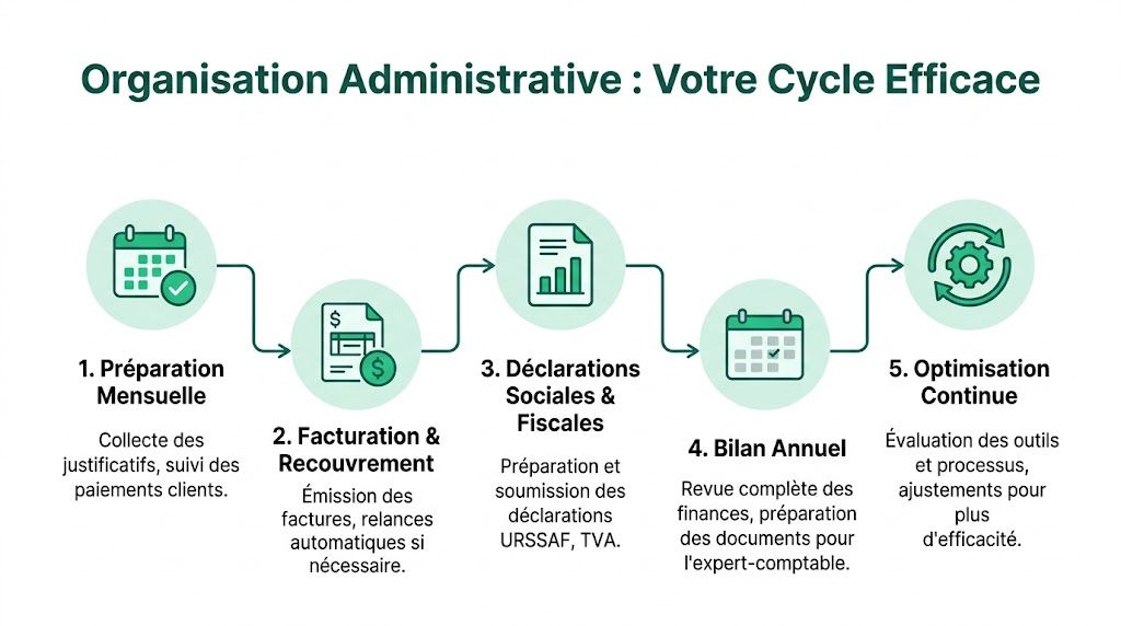 Schéma illustrant les cinq étapes d'un cycle efficace d'organisation administrative pour les entreprises et indépendants.