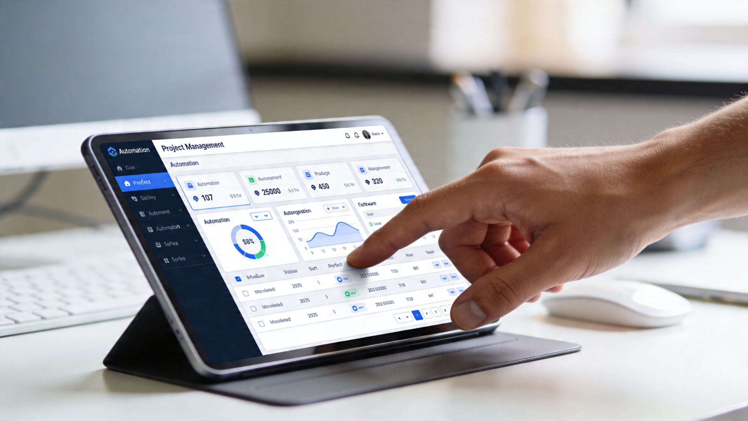 Une personne interagit avec une tablette tactile affichant un tableau de bord de gestion de projet professionnel.