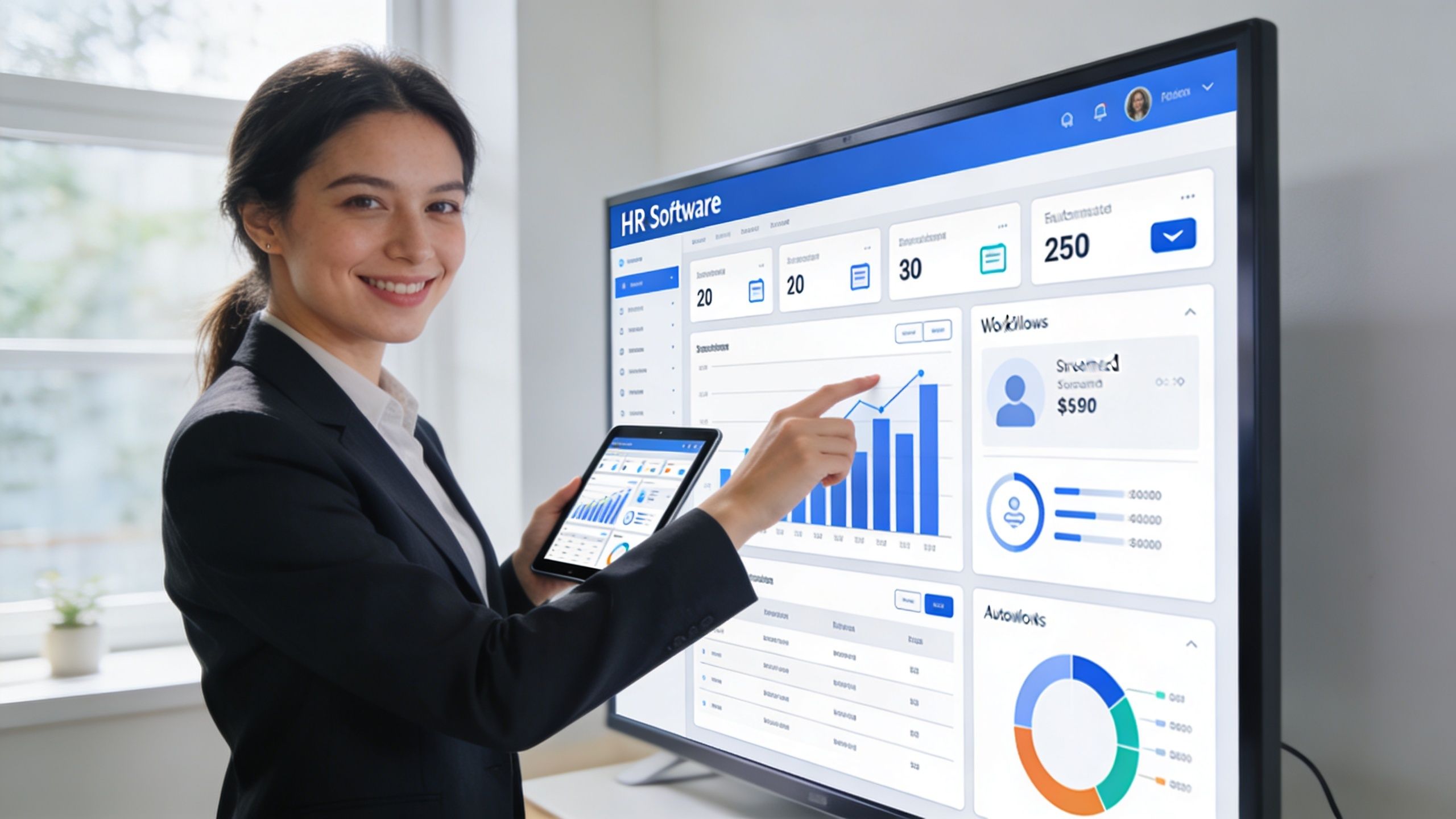 Une femme d'affaires souriante présentant un tableau de bord analytique sur un écran lors d'une réunion professionnelle.