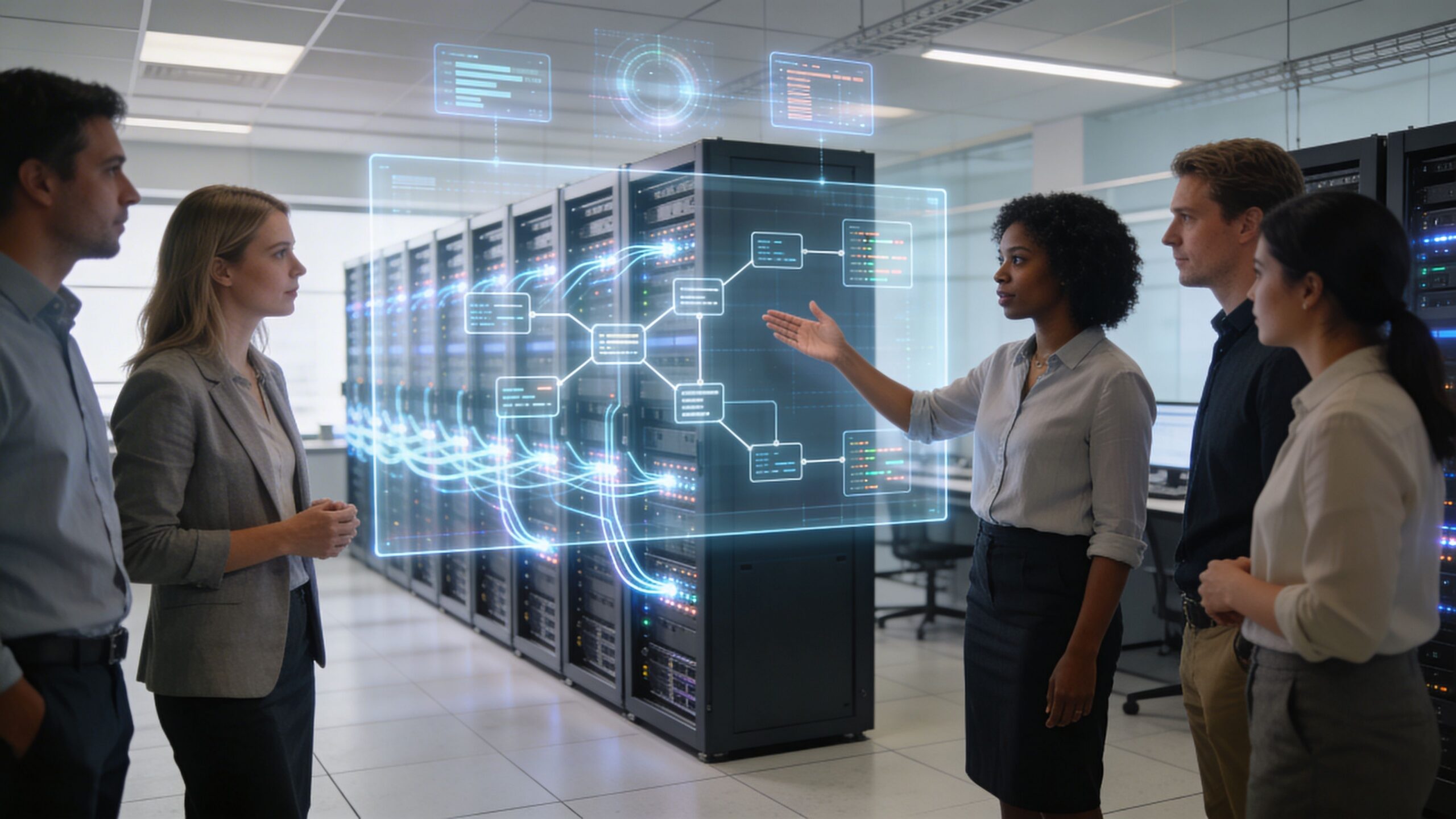 Une équipe de professionnels analysant un écran holographique interactif dans une salle de serveurs informatiques moderne.