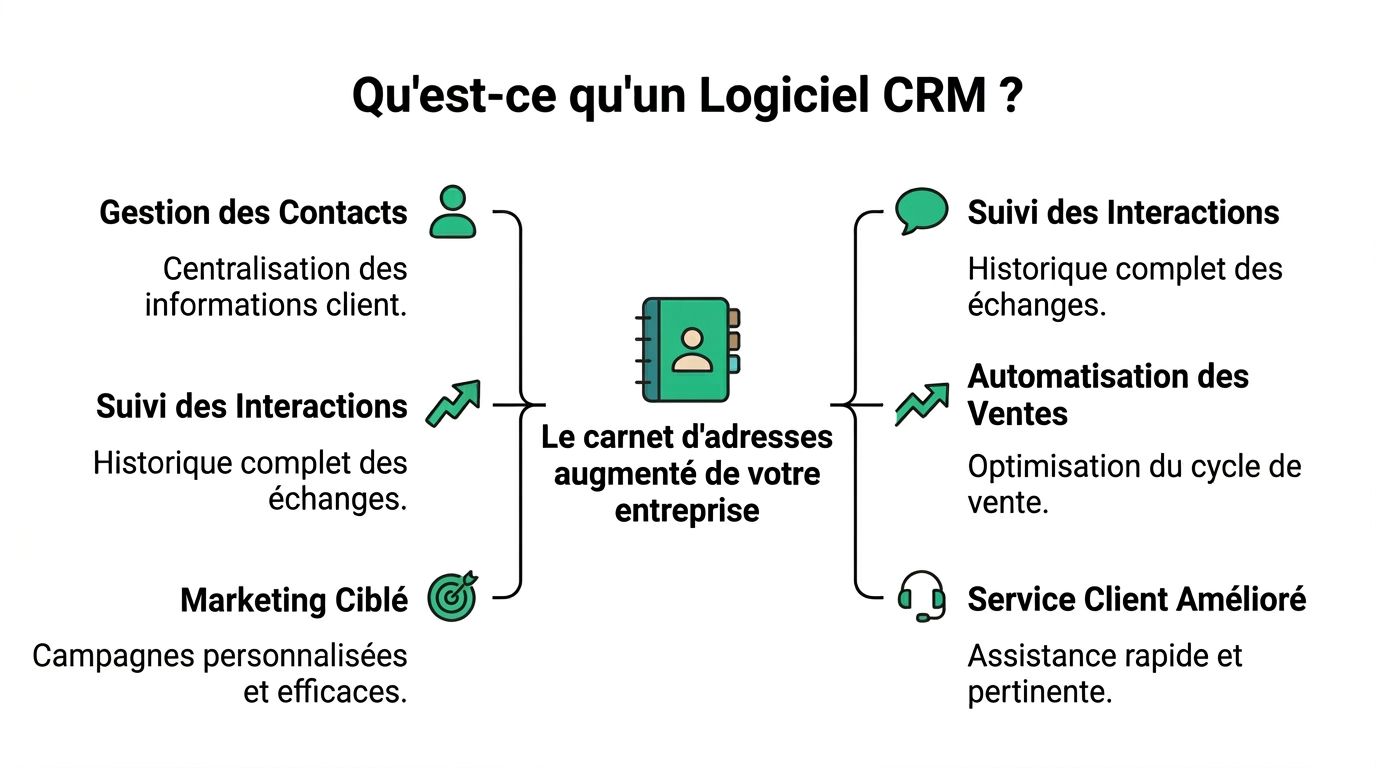 Infographie illustrant les fonctionnalités clés d'un logiciel CRM pour optimiser la relation client en entreprise.