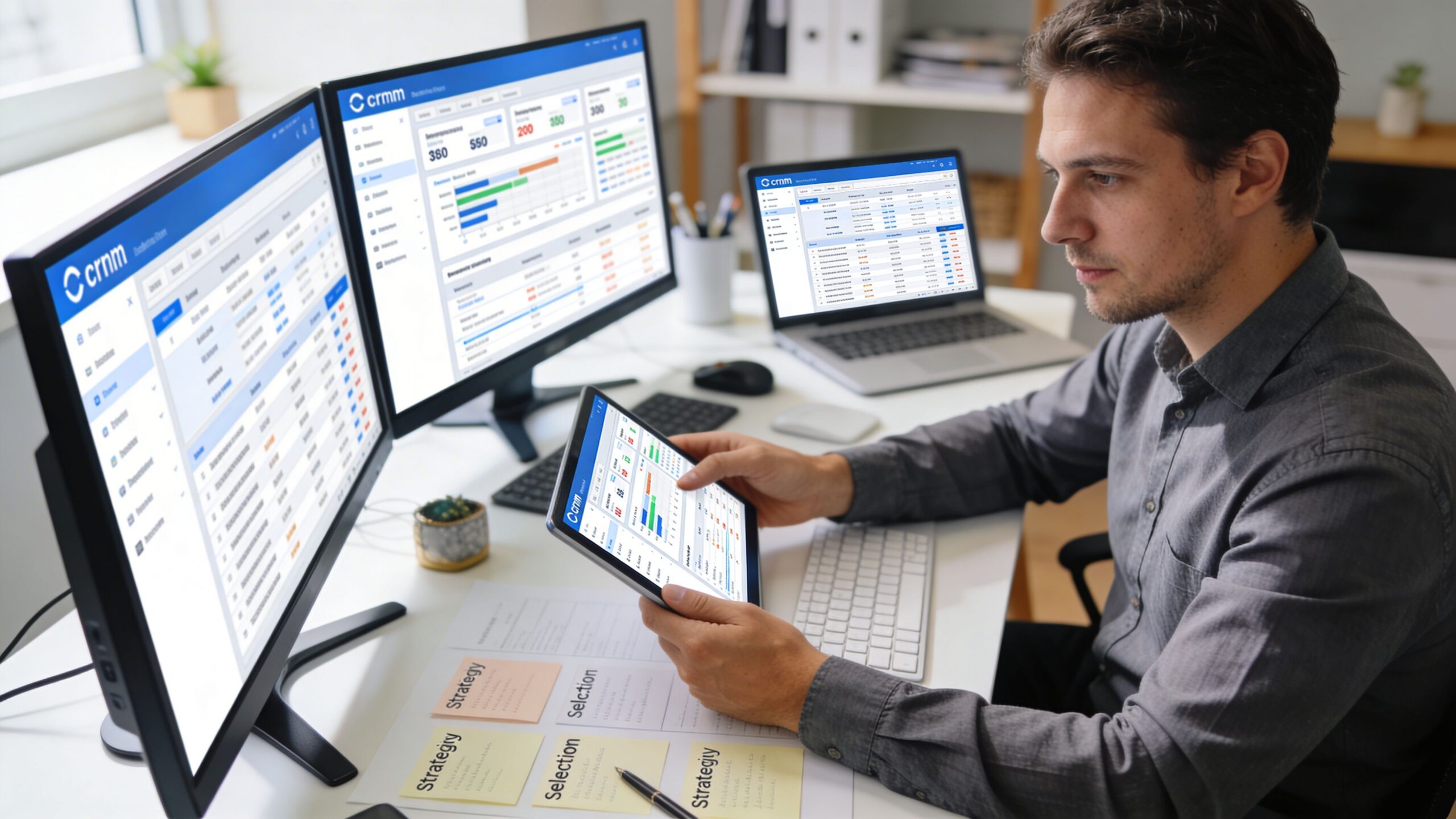 Un professionnel travaillant sur un logiciel de gestion de la relation client avec plusieurs écrans et tablettes.