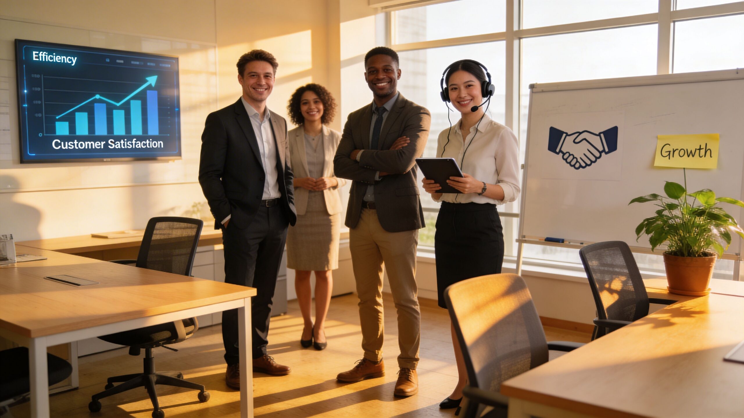 Une équipe professionnelle diversifiée et souriante travaillant ensemble dans un bureau moderne avec des outils technologiques.