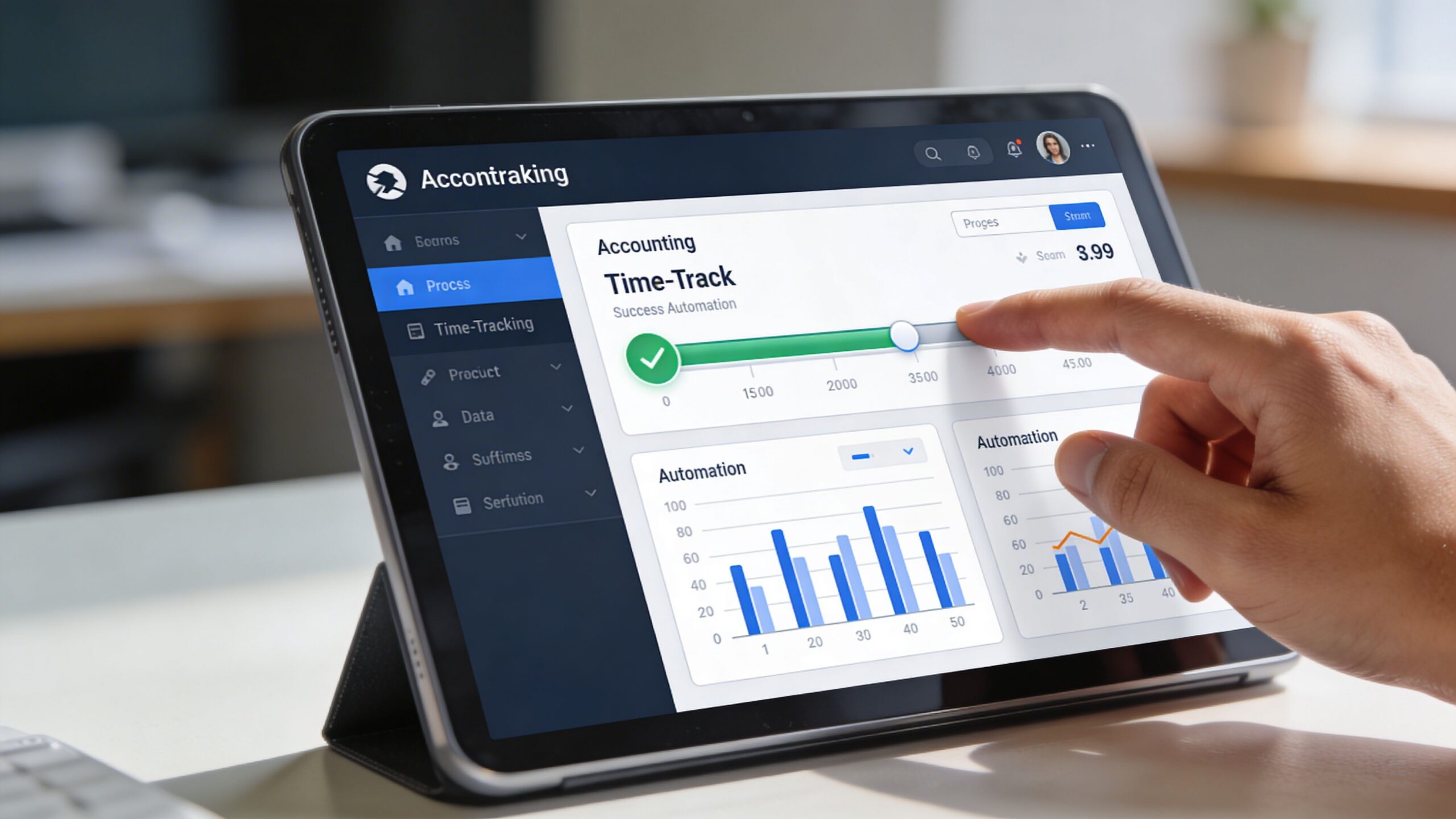 Une tablette affichant un logiciel de comptabilité avec des graphiques de suivi du temps sur un bureau.