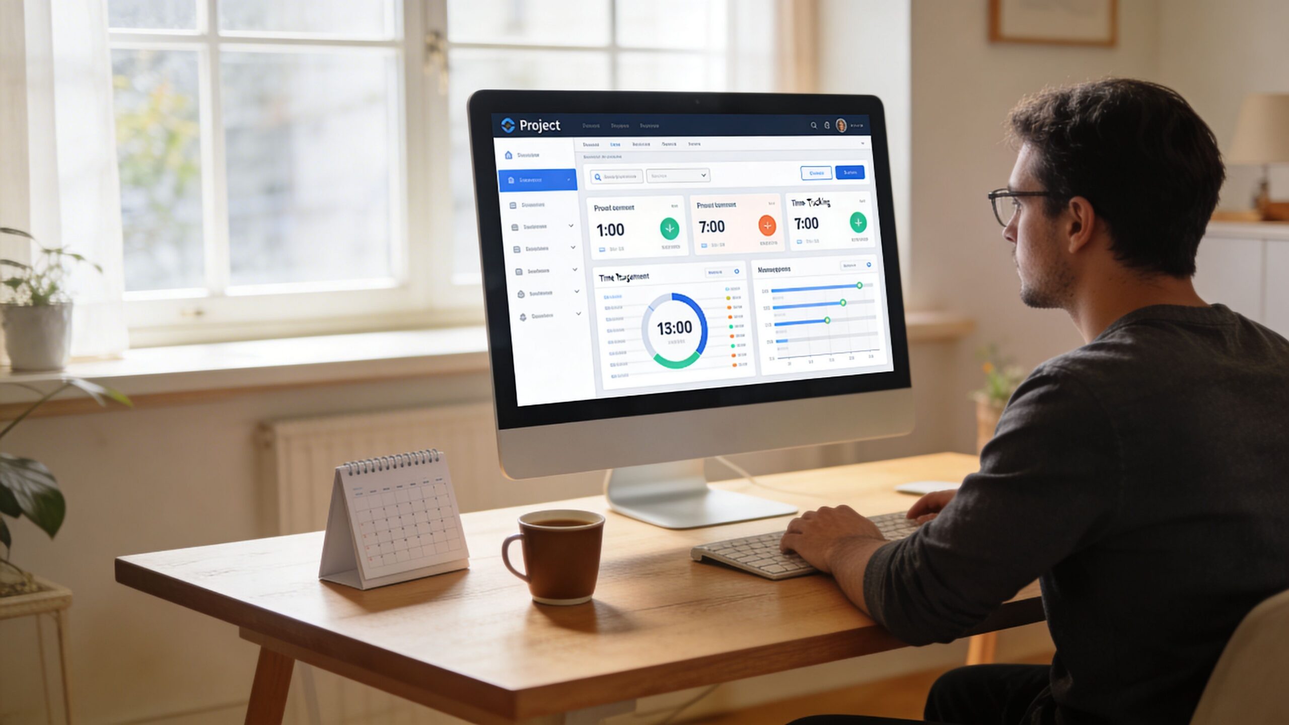 Un jeune homme travaillant sur un ordinateur devant un bureau avec un calendrier et une tasse café.