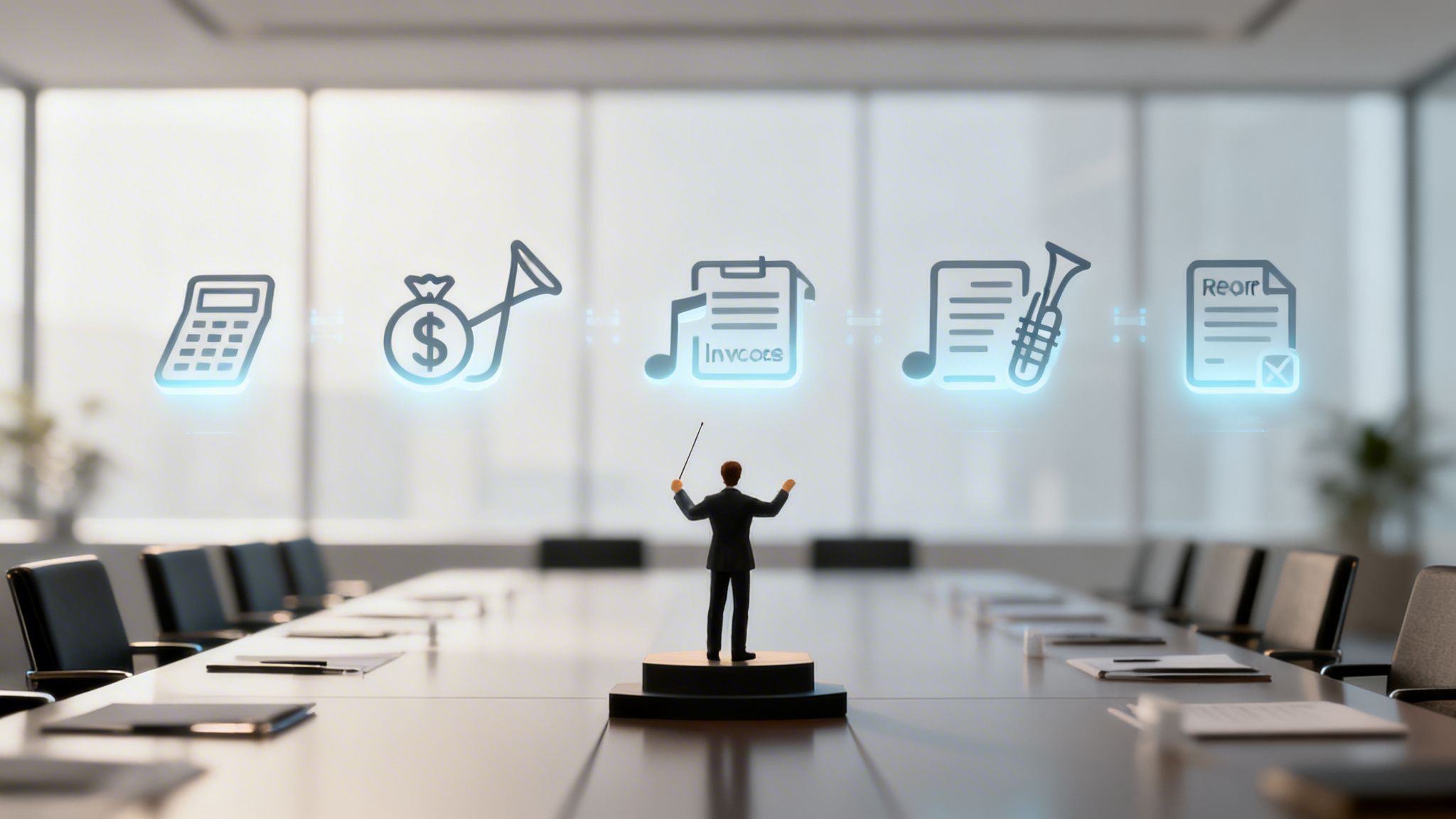Un chef d'orchestre miniature dirige des icônes de processus financiers dans une salle de réunion lumineuse.