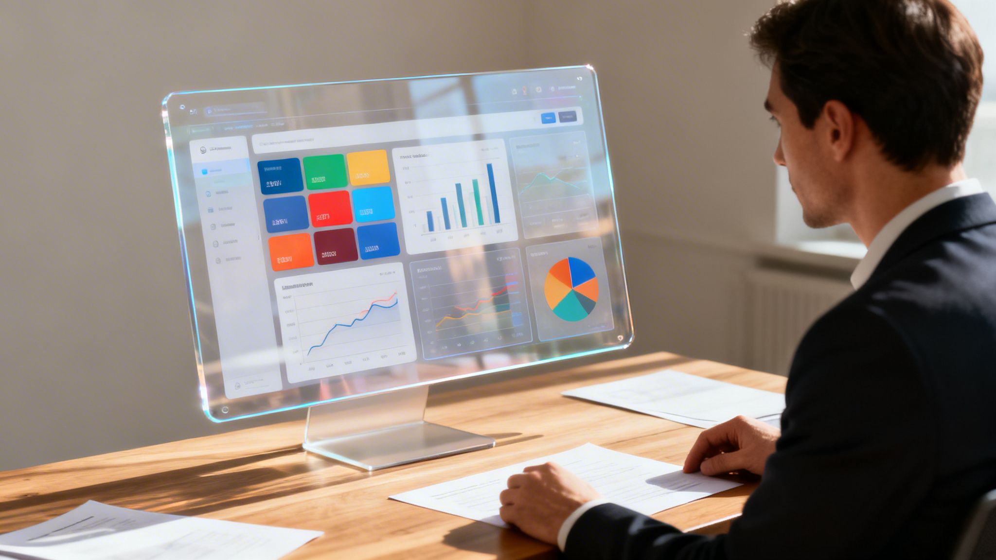 Homme regardant un écran transparent futuriste affichant des données et graphiques financiers.