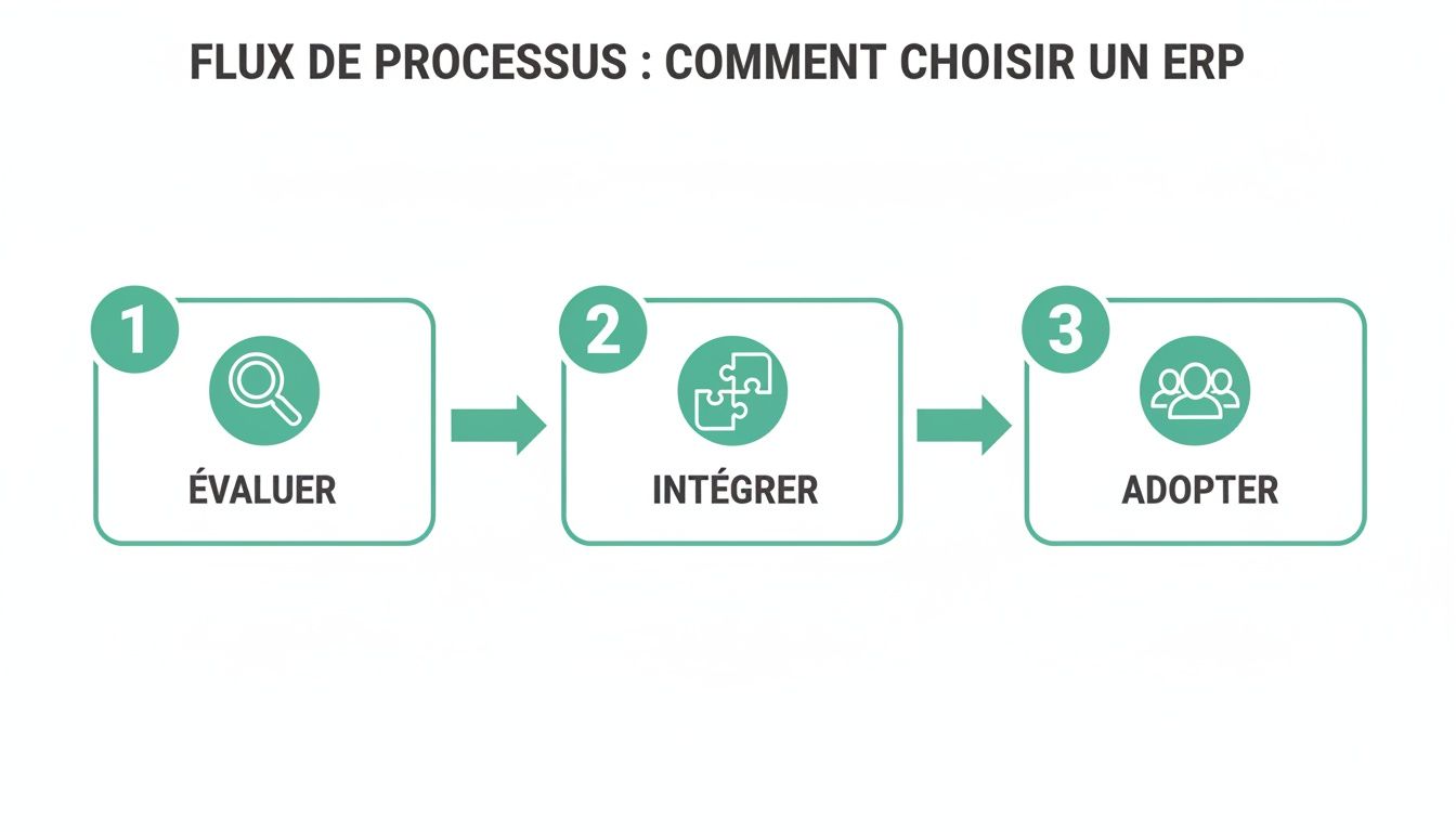Diagramme de flux montrant les trois étapes pour choisir un ERP : évaluer, intégrer et adopter.