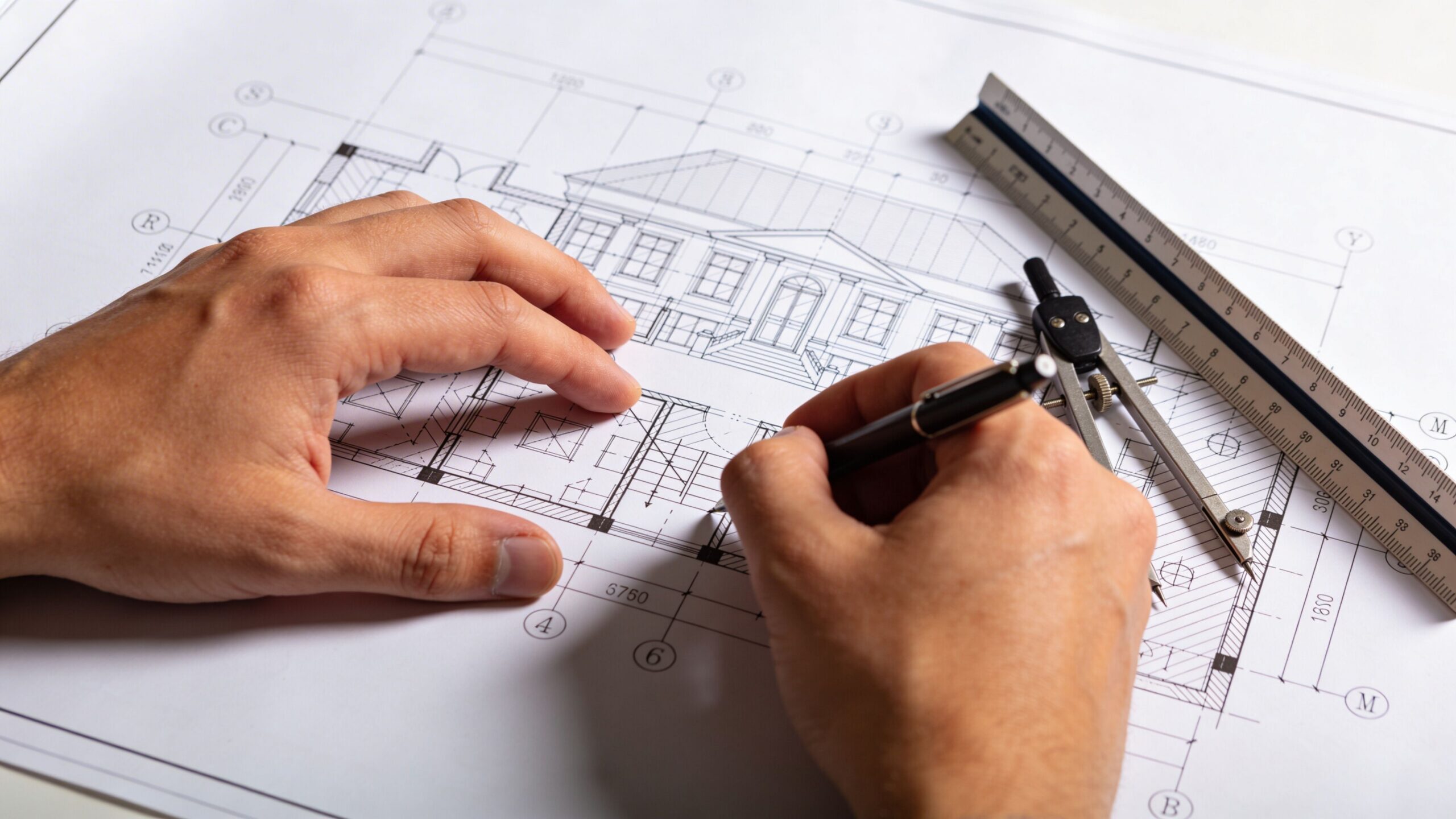 Un architecte travaillant sur des plans de construction détaillés avec un stylo, une règle et un compas.