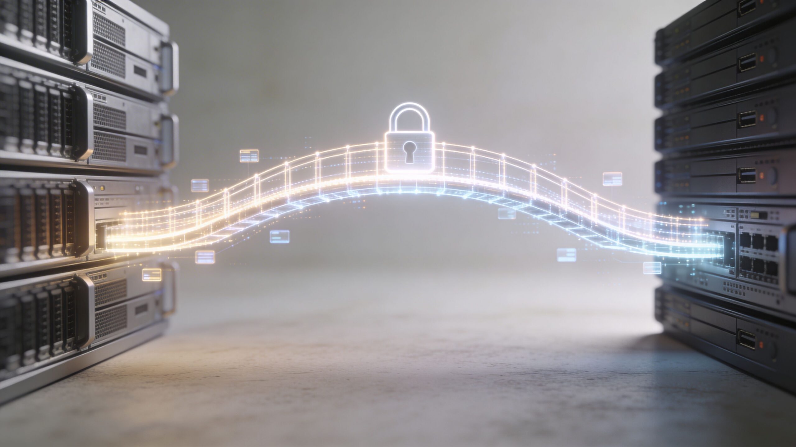 Une représentation numérique sécurisée illustrant la transmission de données entre deux serveurs informatiques dans un centre de données.