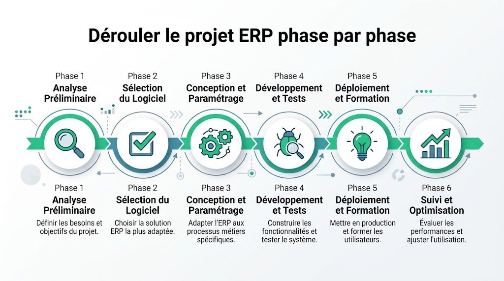 Schéma illustrant les six étapes clés pour la mise en place réussie d'un projet ERP en entreprise.