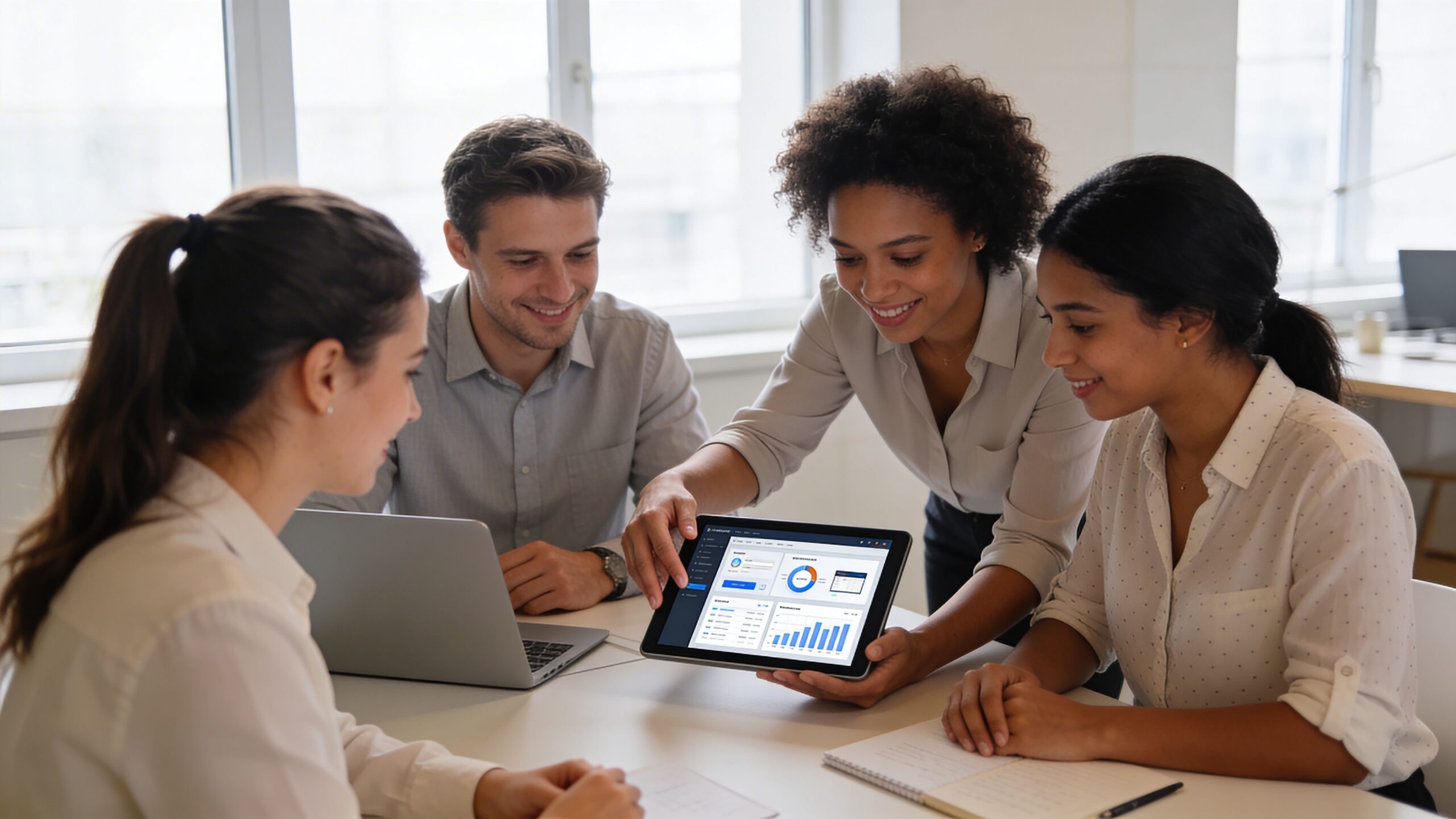 Une équipe de quatre collègues professionnels discute des données de performance sur une tablette lors d'une réunion.