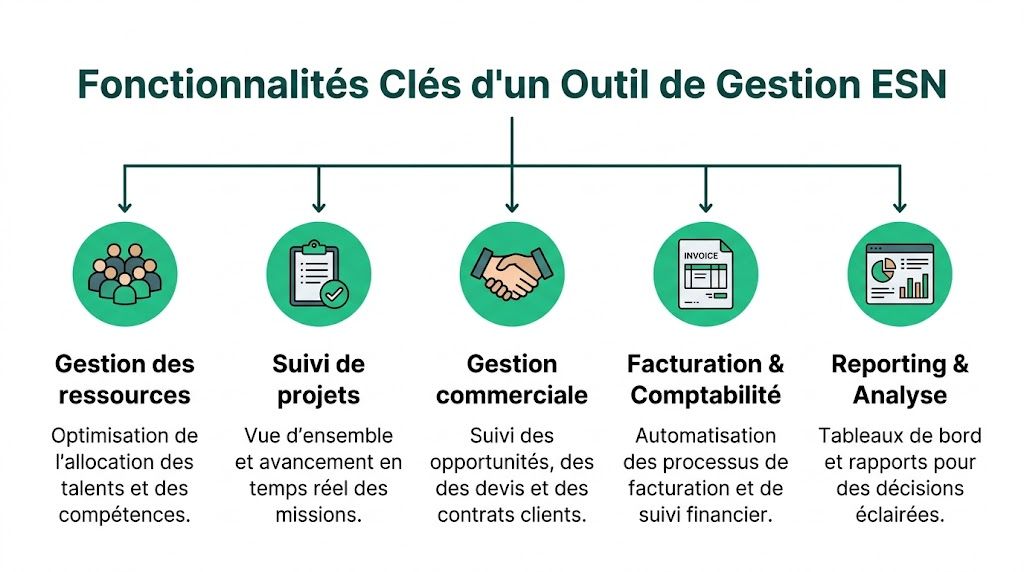 Infographie présentant les cinq fonctionnalités essentielles d'un logiciel de gestion pour les entreprises de services numériques.