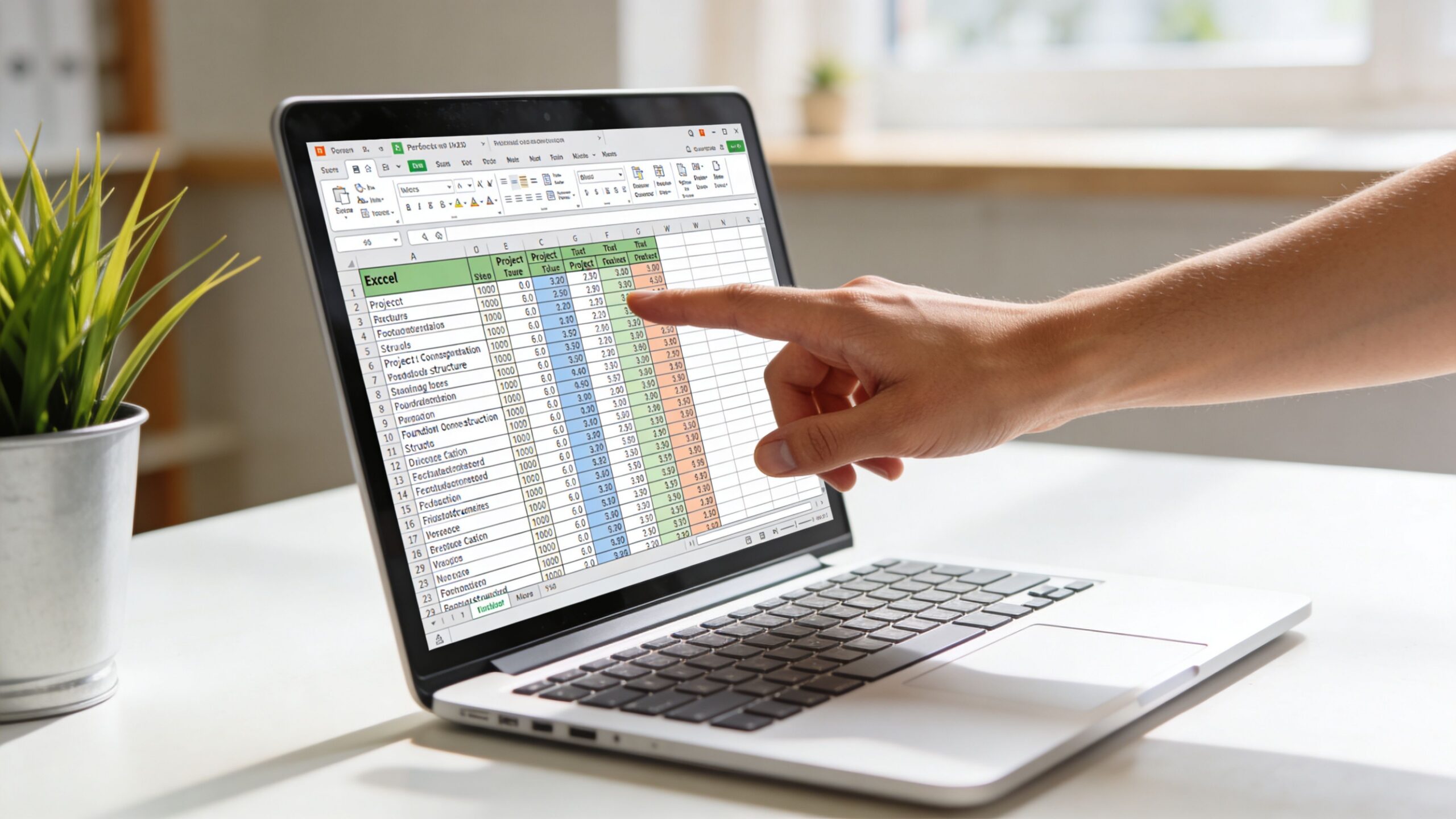 Une personne montre un tableau Excel de planification des charges sur un ordinateur portable au bureau.