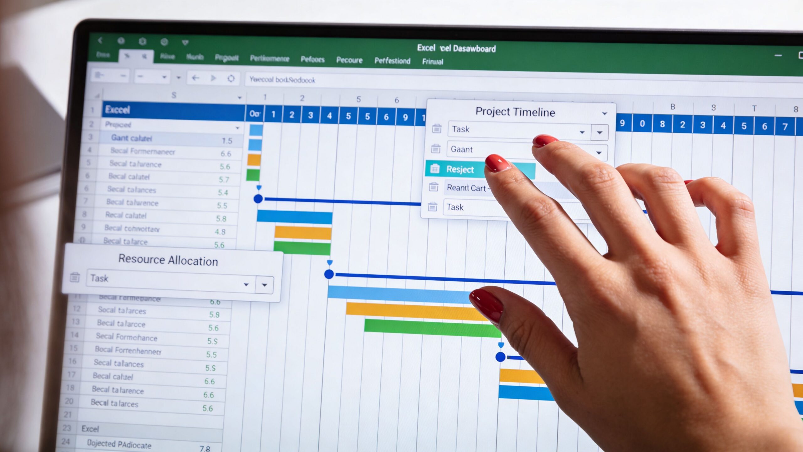 Une main manipulant un graphique de suivi de projet sur un écran d'ordinateur avec un tableau Excel.