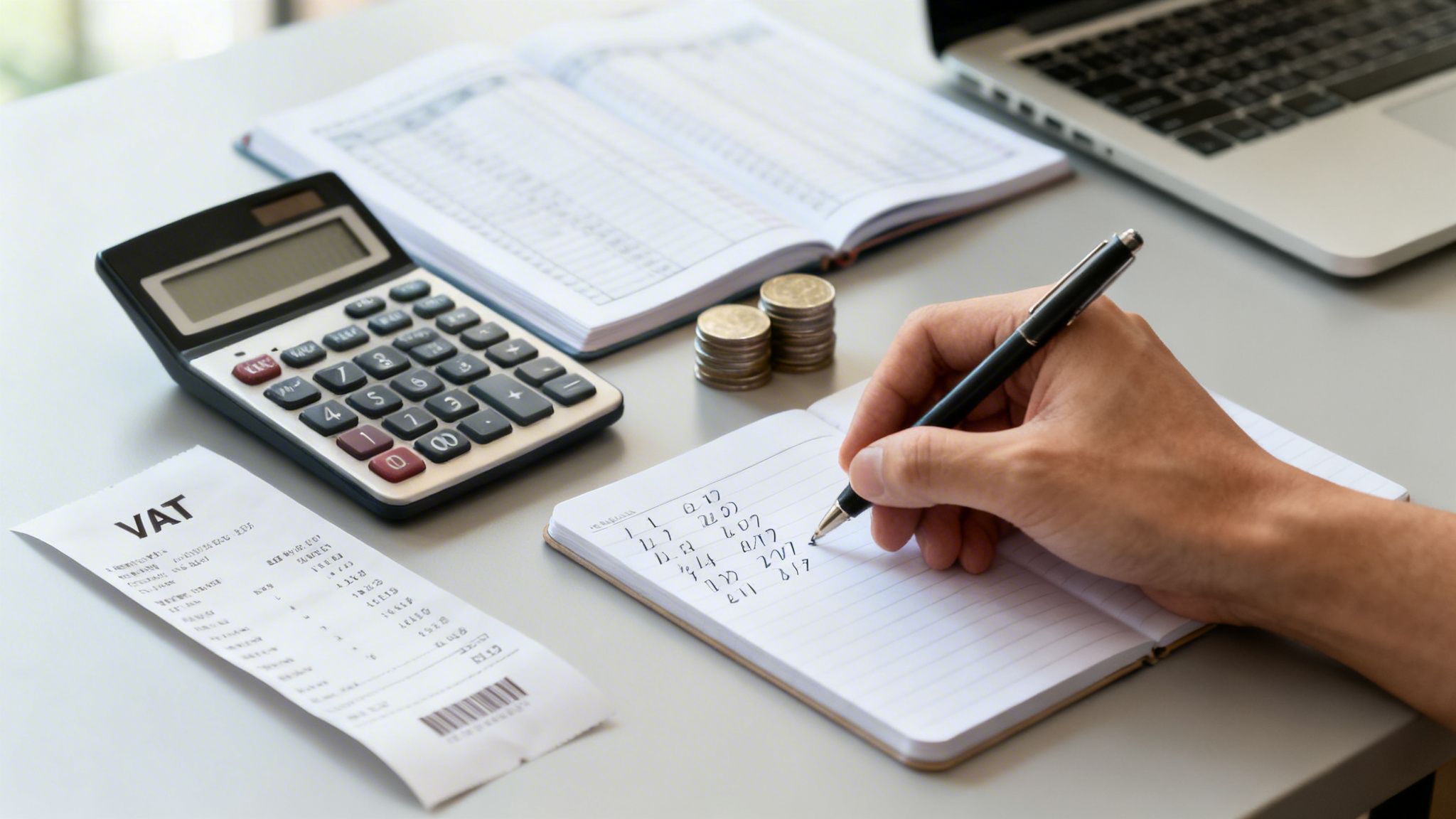 Main écrivant dans un carnet, avec calculatrice, reçus, pièces et grand livre sur un bureau, pour la comptabilité.