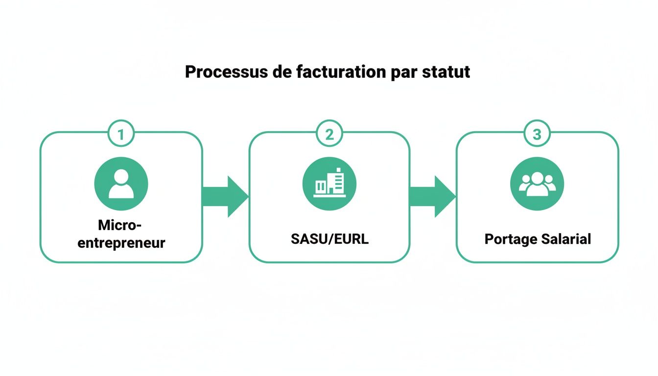 Description du processus de facturation selon le statut juridique : micro-entrepreneur, SASU/EURL et portage salarial.