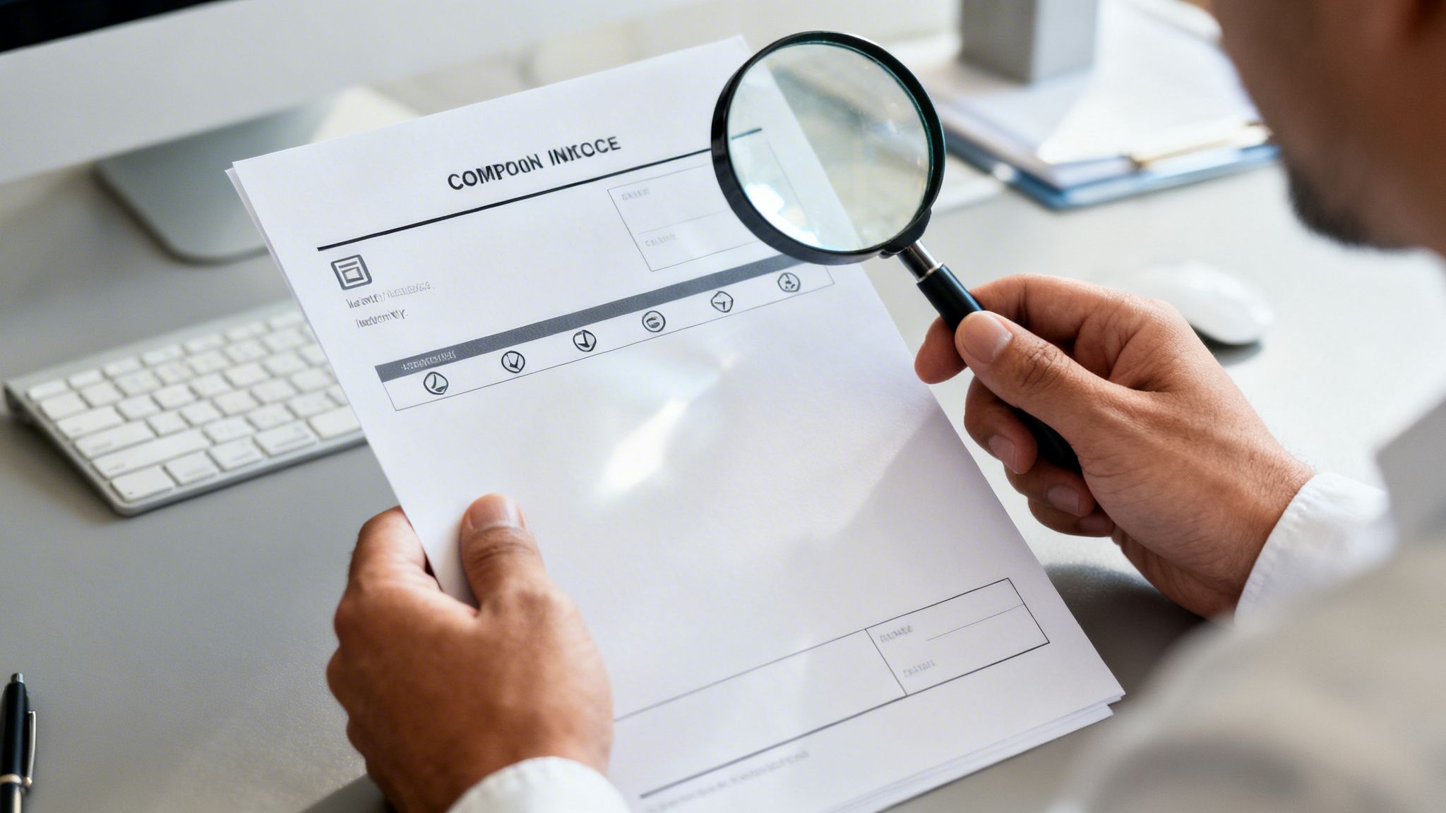 Un homme examine une facture avec une loupe pour vérifier les détails sur un bureau.