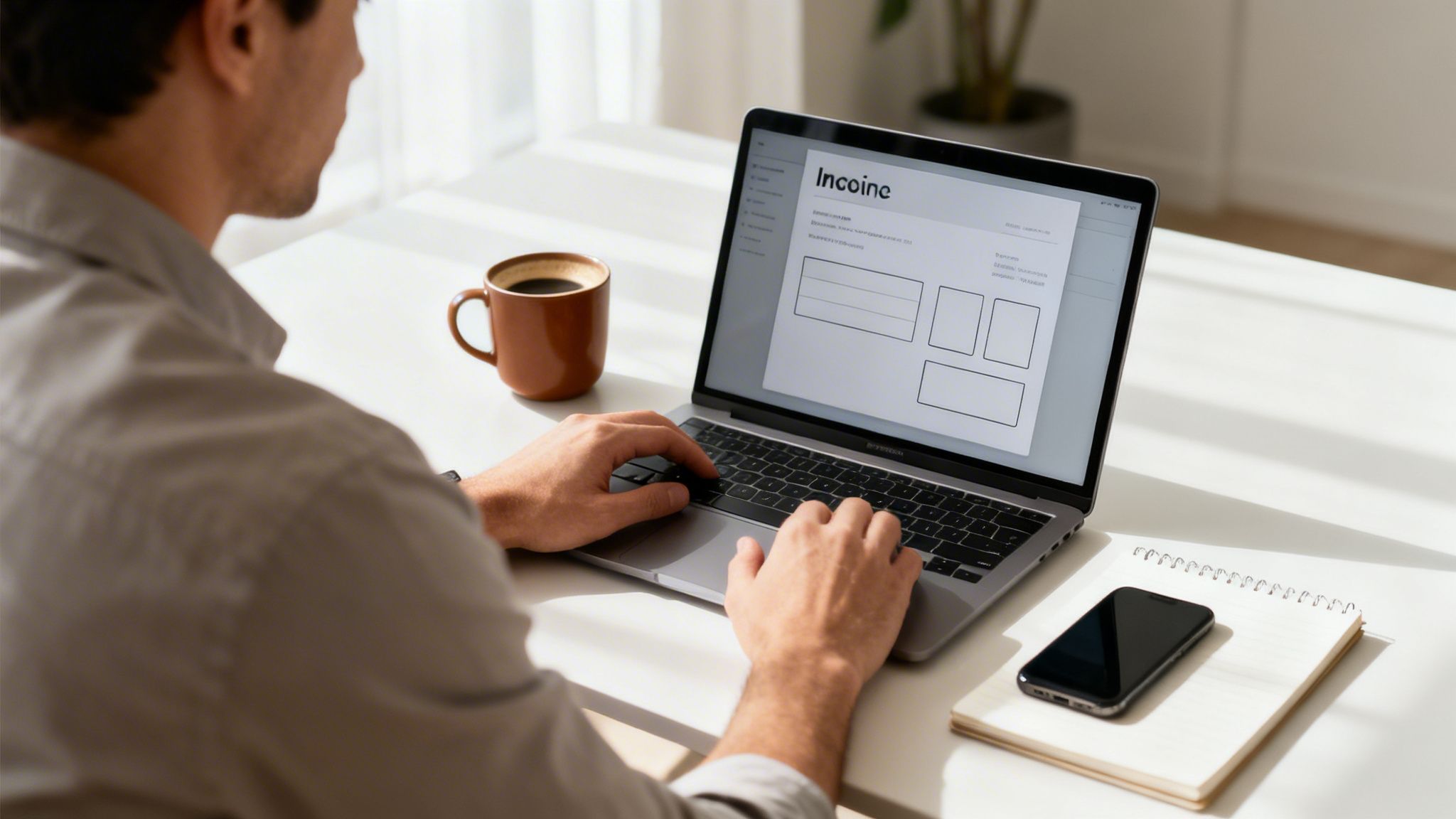 Un homme travaille sur un ordinateur portable avec une tasse de café, un téléphone et un carnet sur un bureau blanc.