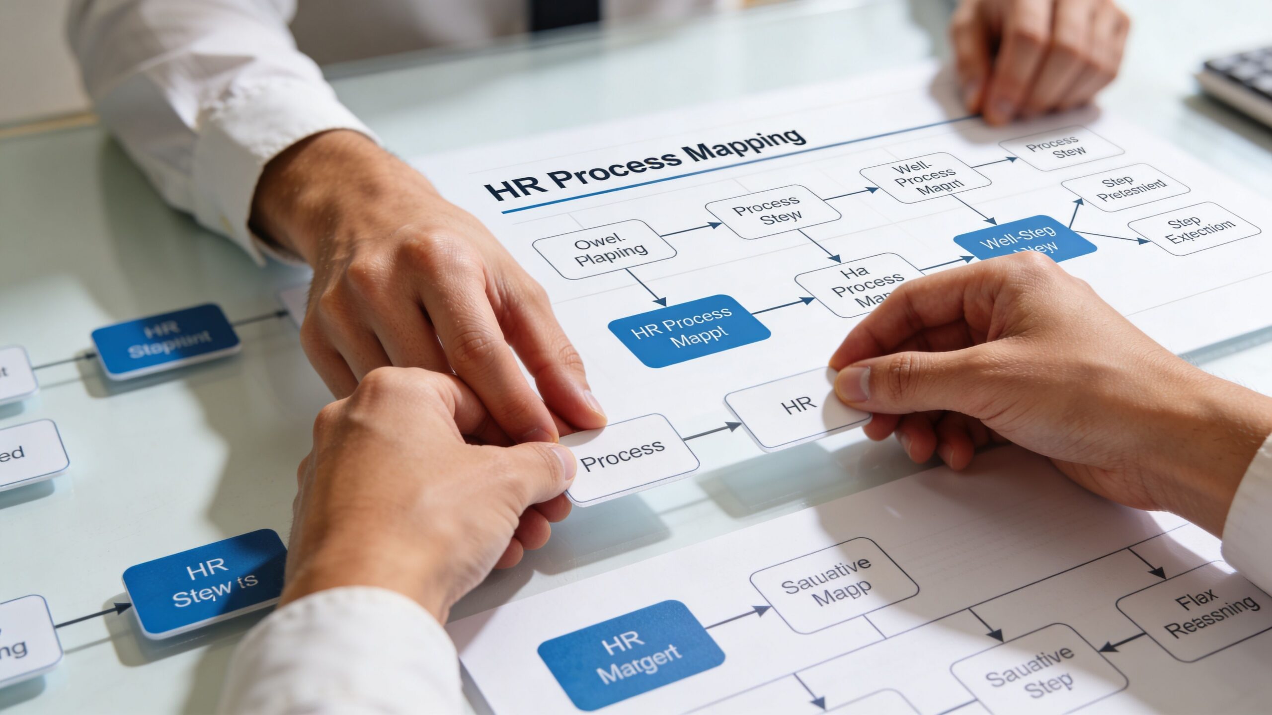 Deux professionnels collaborent sur un document papier illustrant une cartographie des processus RH sur un bureau.