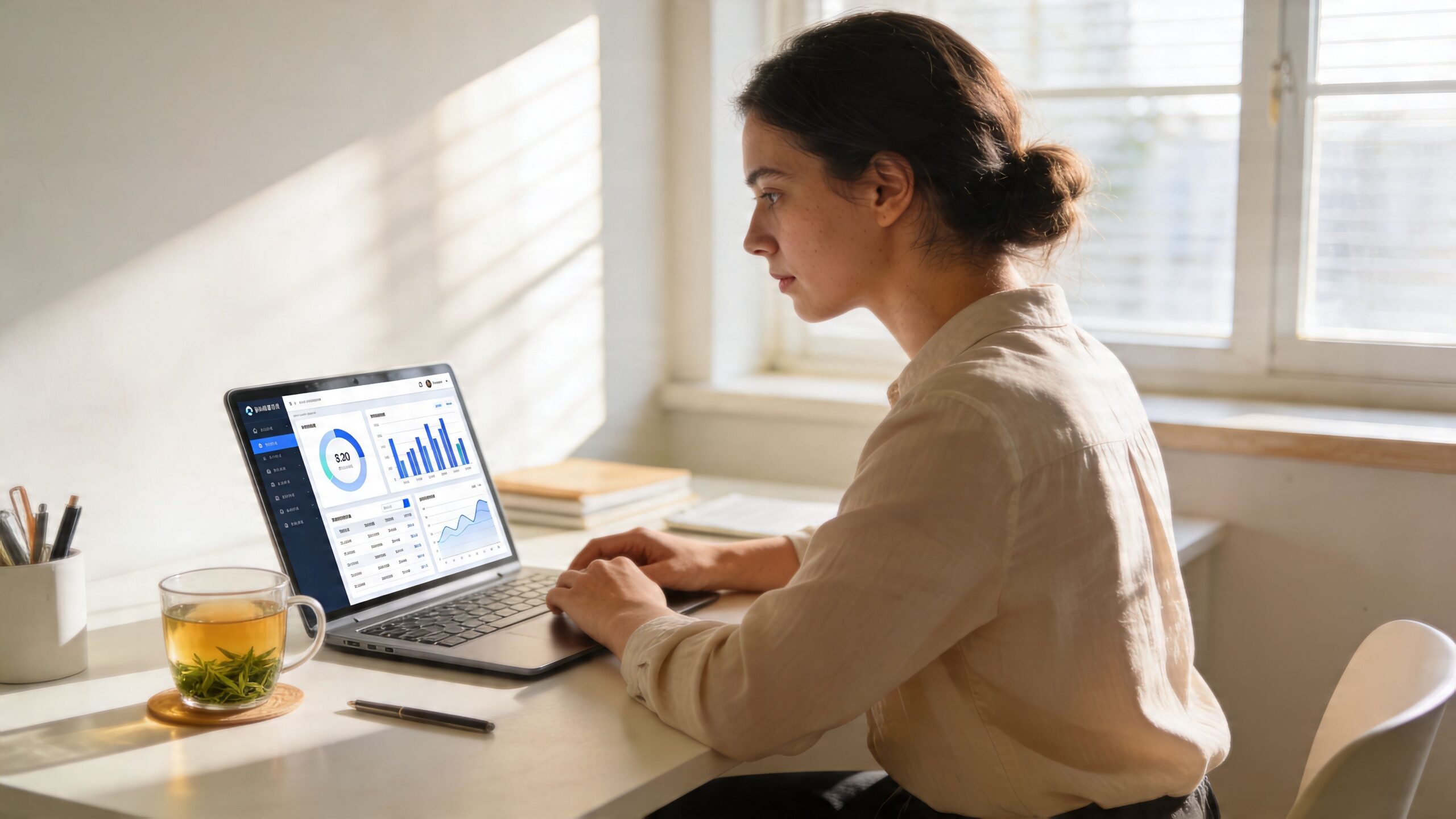 Une femme travaille sur son ordinateur portable devant une tasse de thé dans un bureau ensoleillé.