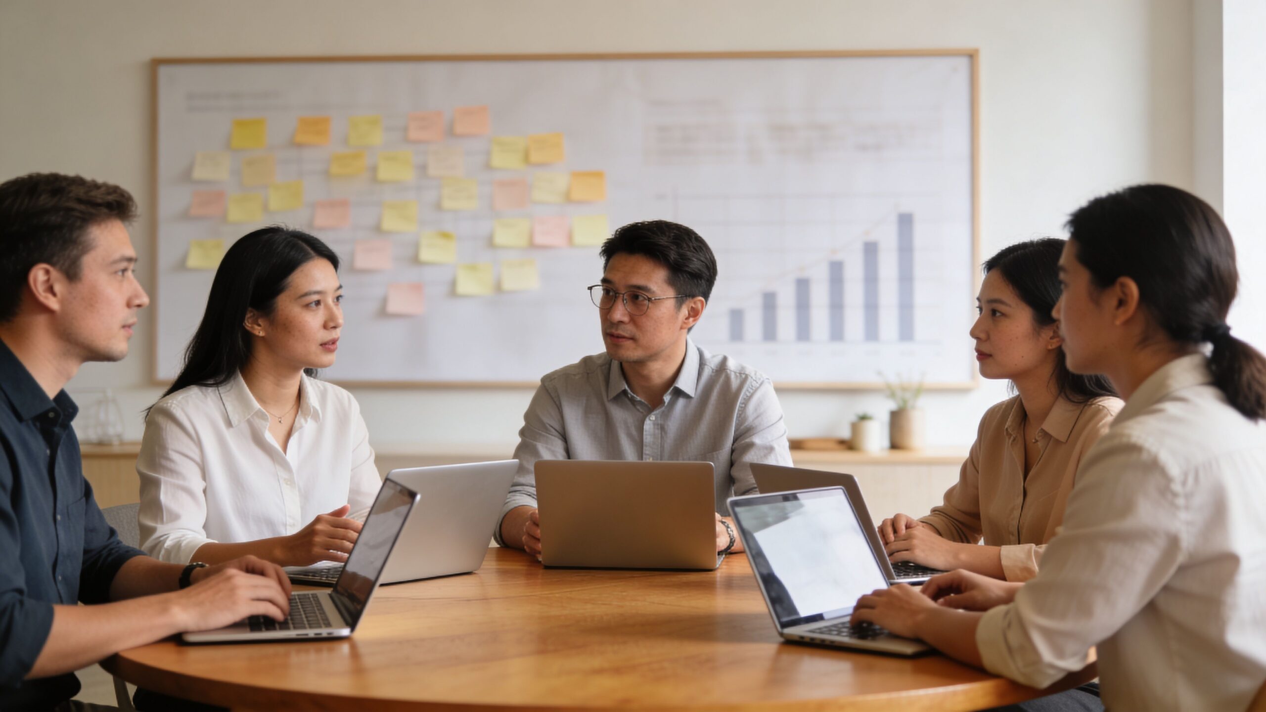 Une équipe professionnelle assise autour d'une table ronde lors d'une réunion de travail collaborative.