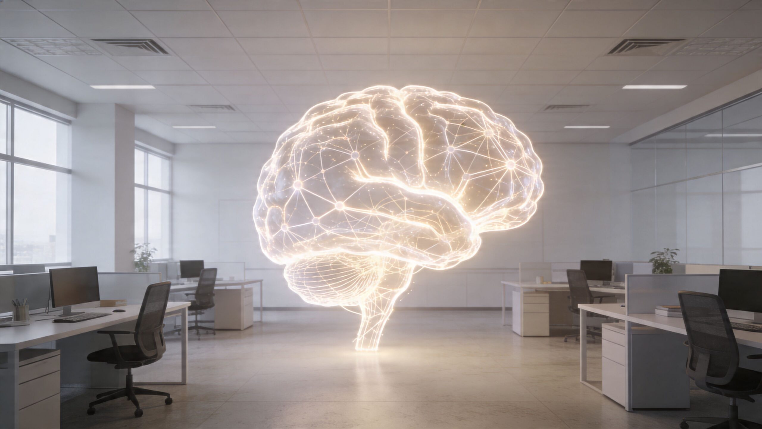 Un cerveau lumineux composé de réseaux de neurones flottant au centre d'un espace de travail de bureau moderne.