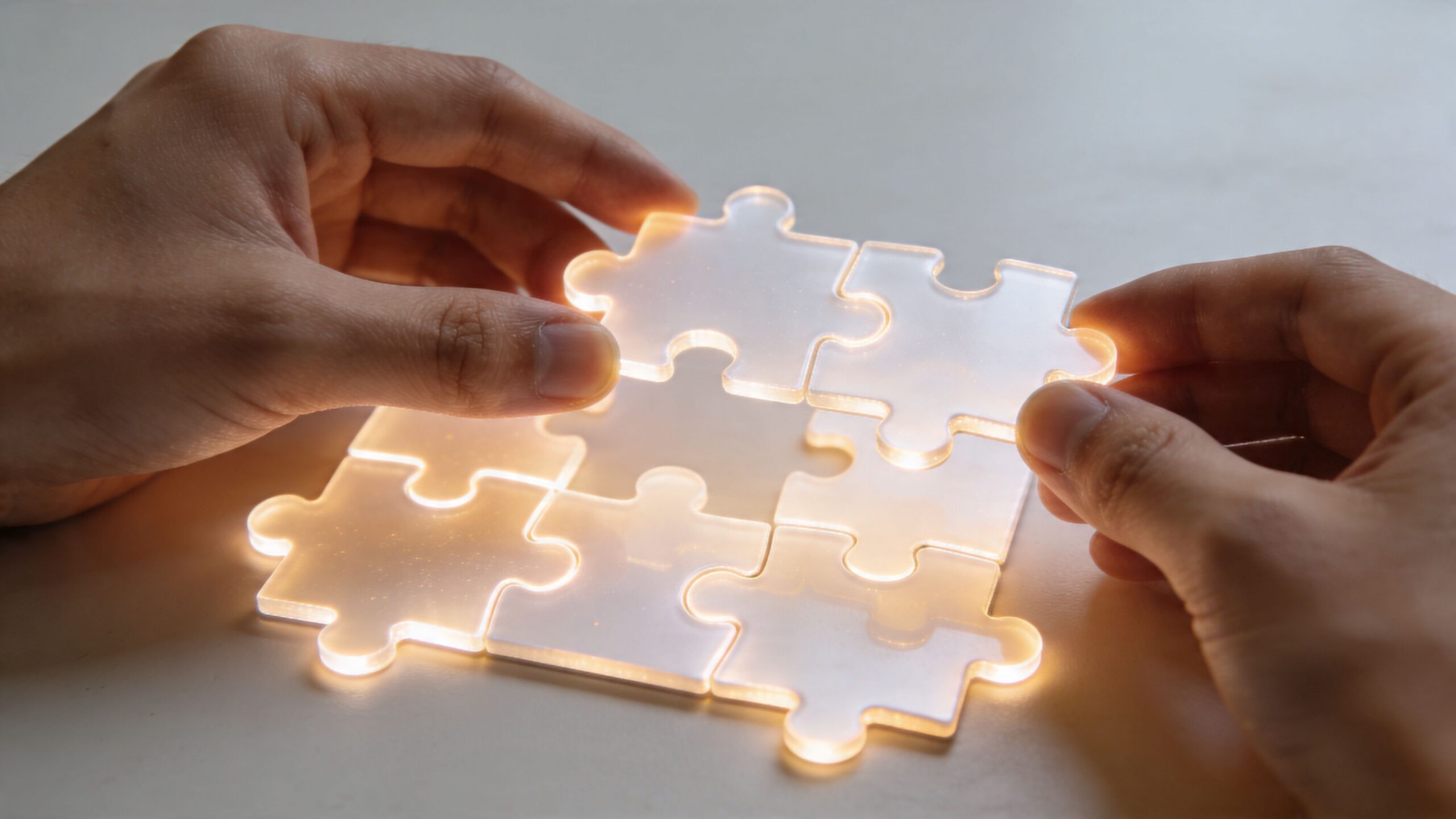 Des mains assemblant des pièces de puzzle translucides et lumineuses sur une surface plane de couleur claire.