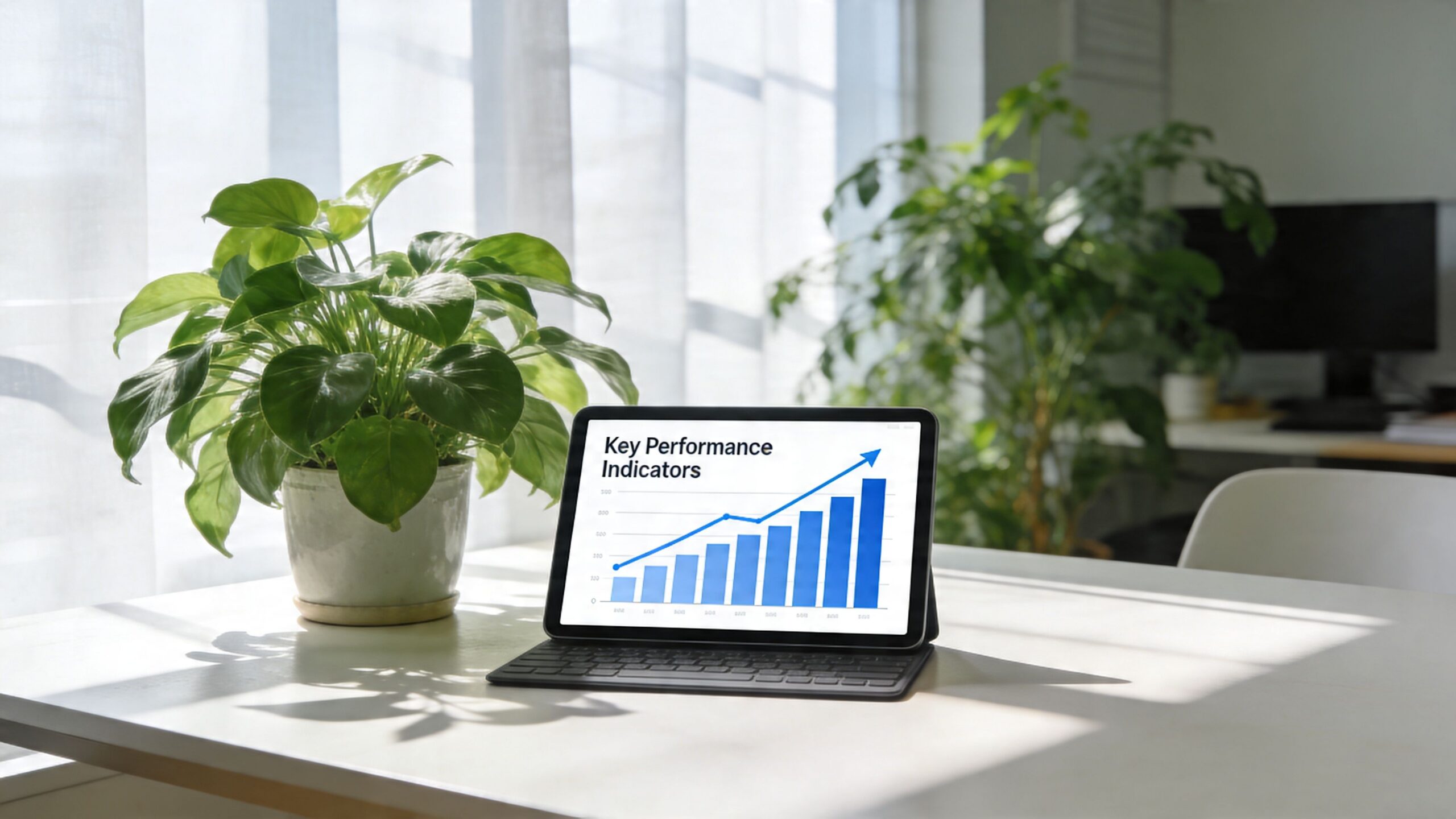 Tablette affichant un graphique de performance d'entreprise sur un bureau lumineux à côté d'une plante verte.