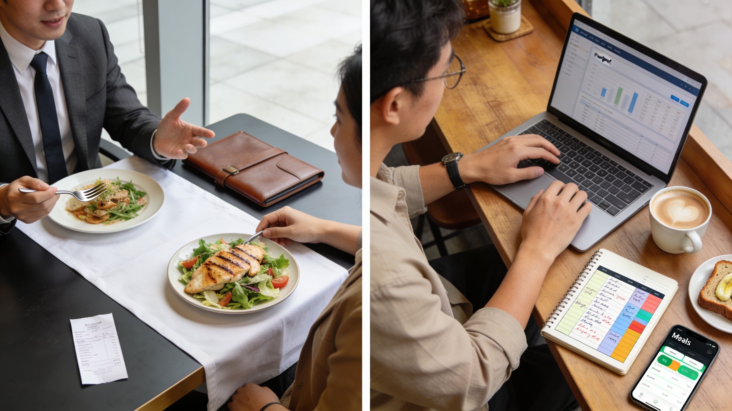 Un montage photo illustrant la gestion professionnelle et personnelle des frais de repas au travail.