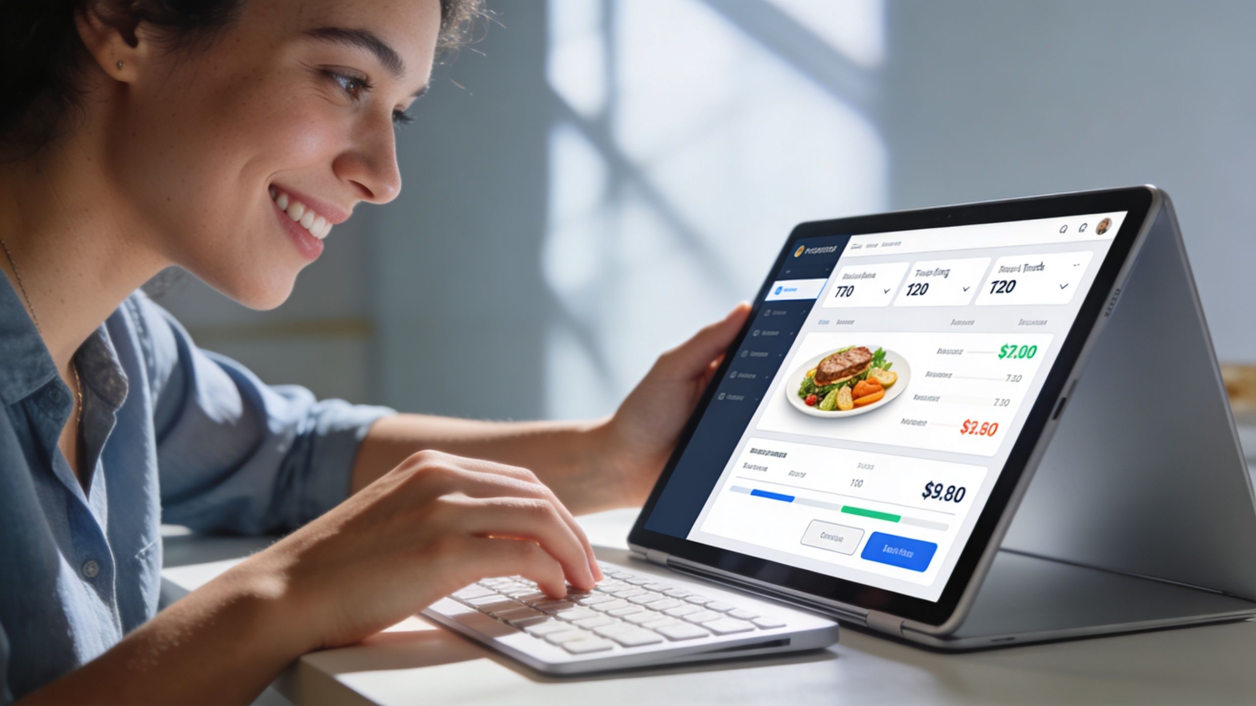 Une femme souriante utilise une tablette pour gérer les frais de repas sur une application numérique.