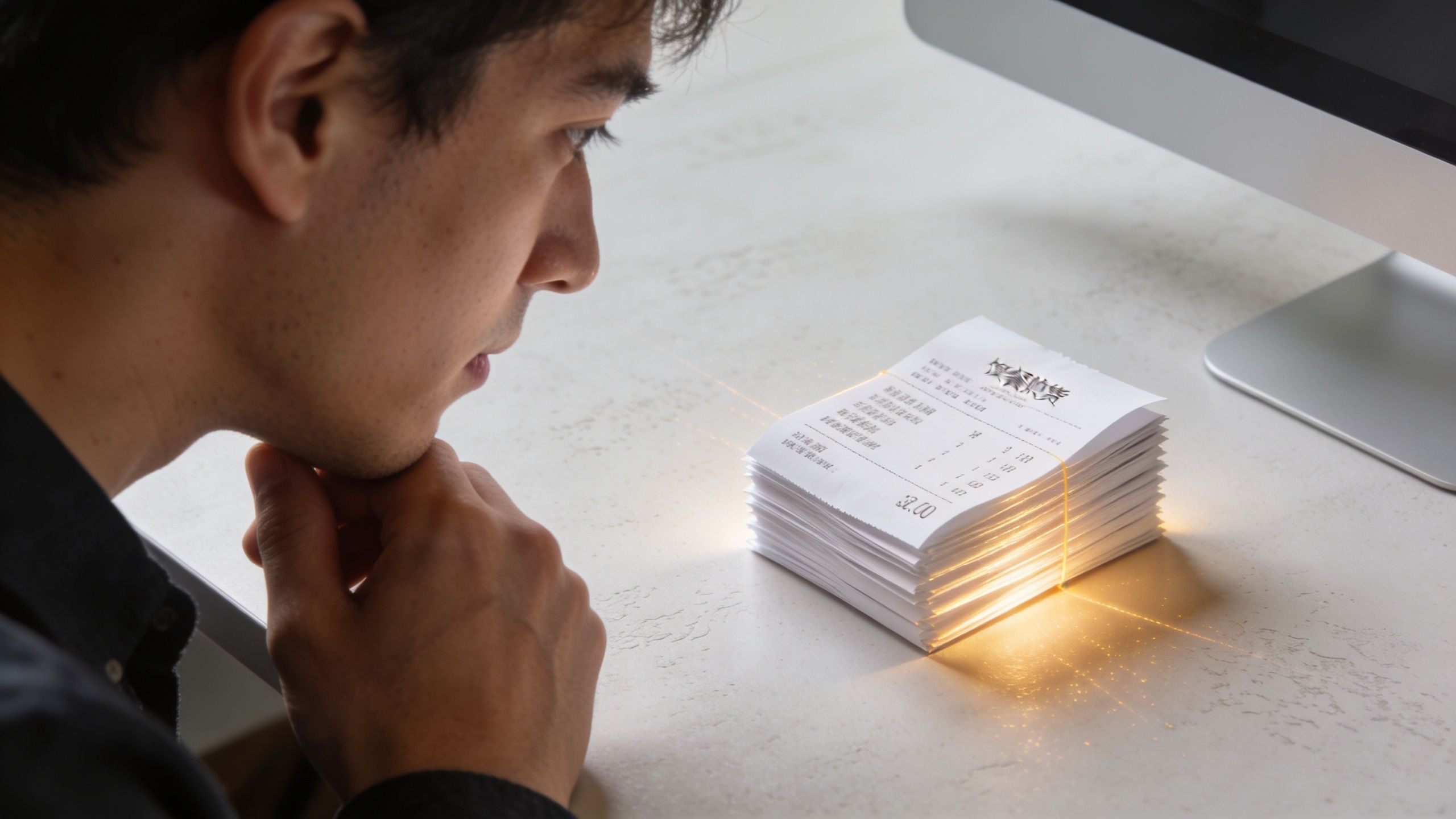 Un homme pensif examine une pile de reçus financiers lumineux posés sur un bureau près d'un écran.