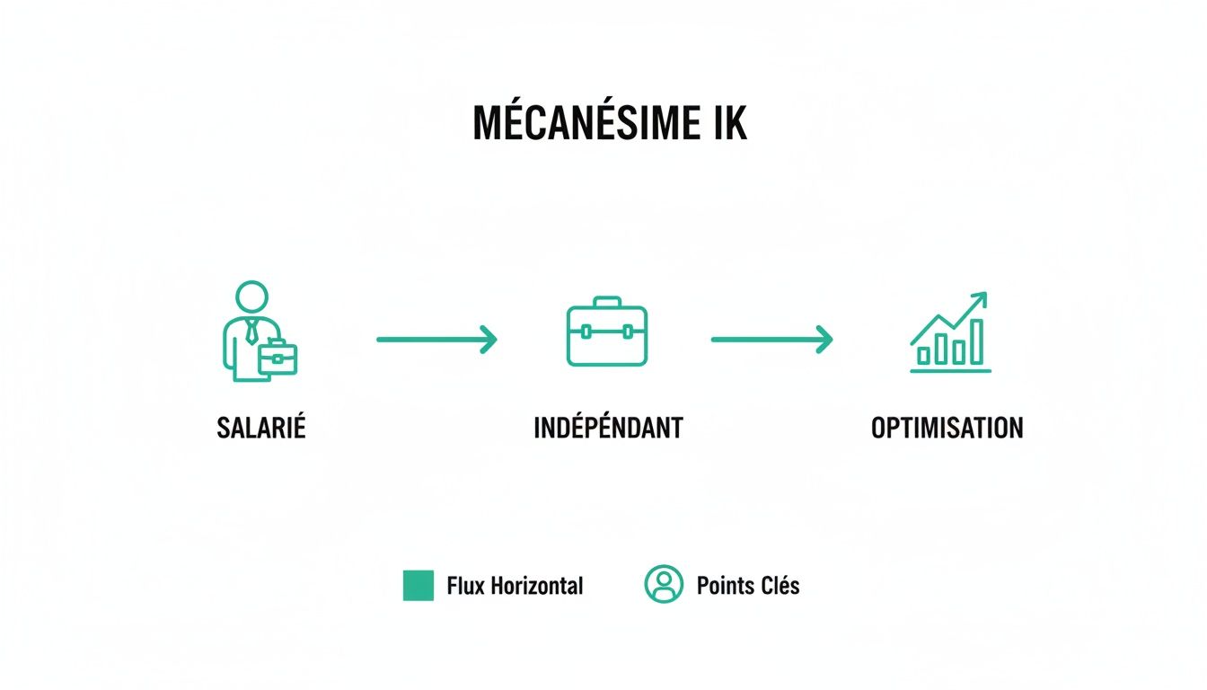 Diagramme illustrant le mécanisme IK: transition de salarié à indépendant vers l'optimisation des indemnités.