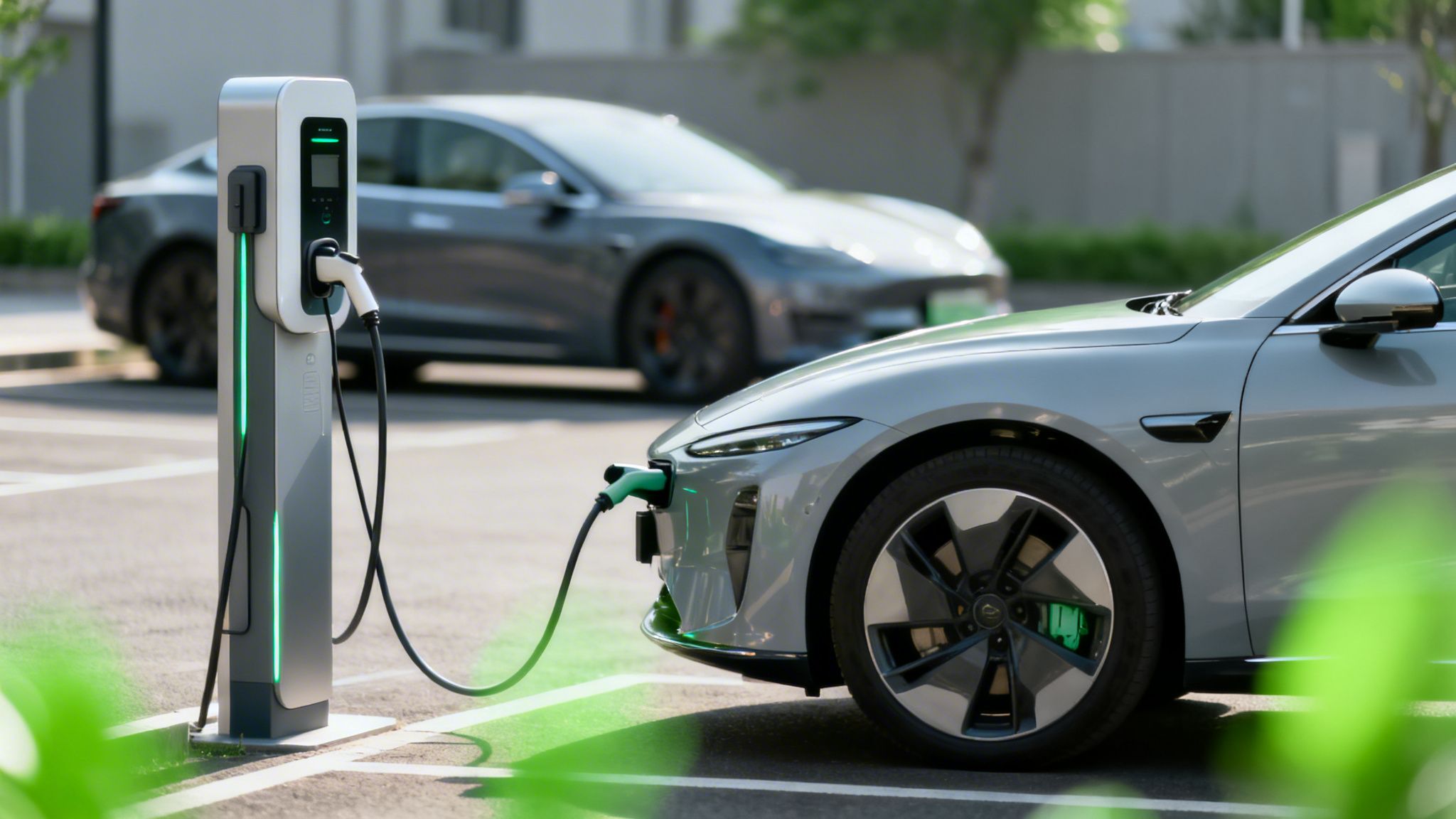 Une voiture électrique grise se recharge à une borne de recharge verte, avec une autre voiture en arrière-plan.