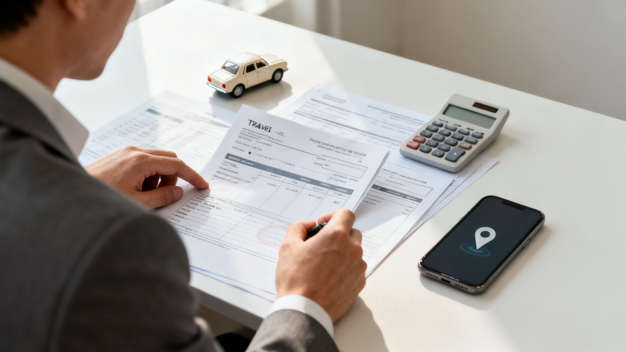 Personne calculant les indemnités kilométriques avec des documents de voyage, une calculatrice, une voiture miniature et un smartphone.