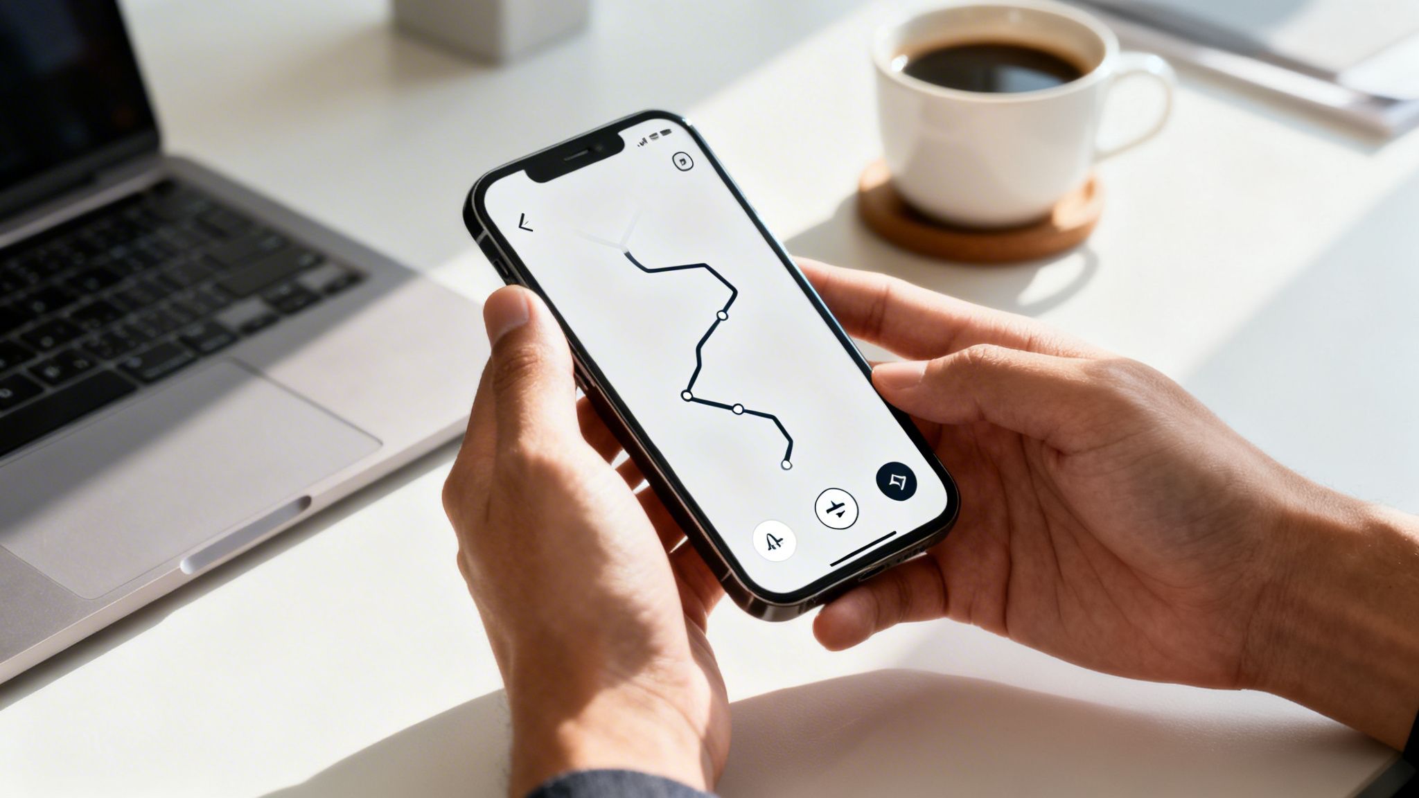 Mains tenant un smartphone affichant un graphique de données sur un bureau avec un ordinateur portable et une tasse de café.