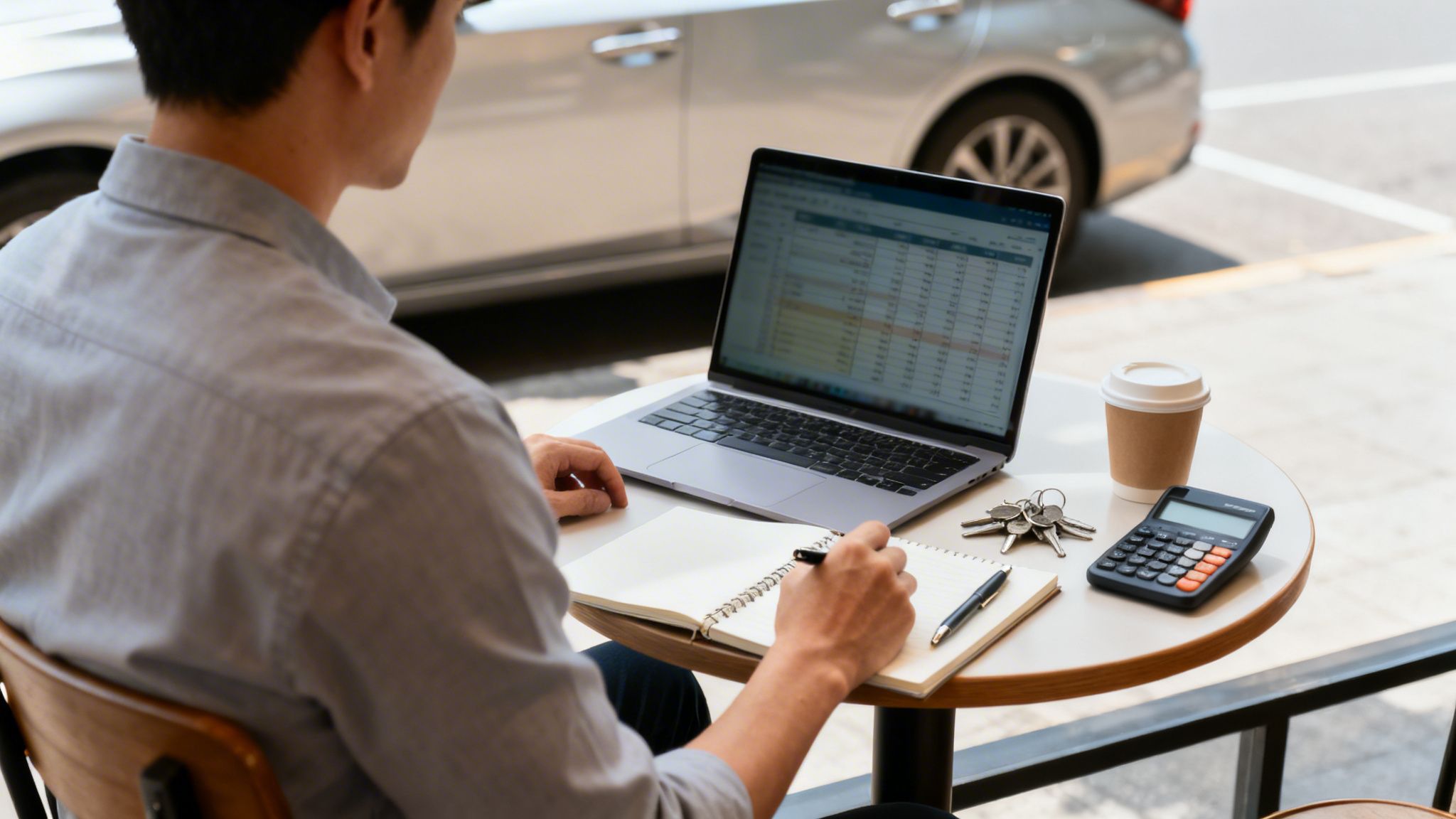 Un homme travaillant sur un ordinateur portable et écrivant dans un carnet à une table extérieure avec café et calculatrice.