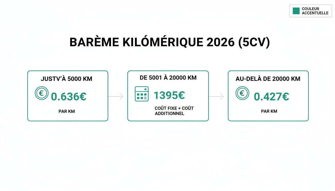 Barème kilométrique 2026 pour les véhicules de 5 CV, présentant les tarifs par tranche de kilomètres parcourus.