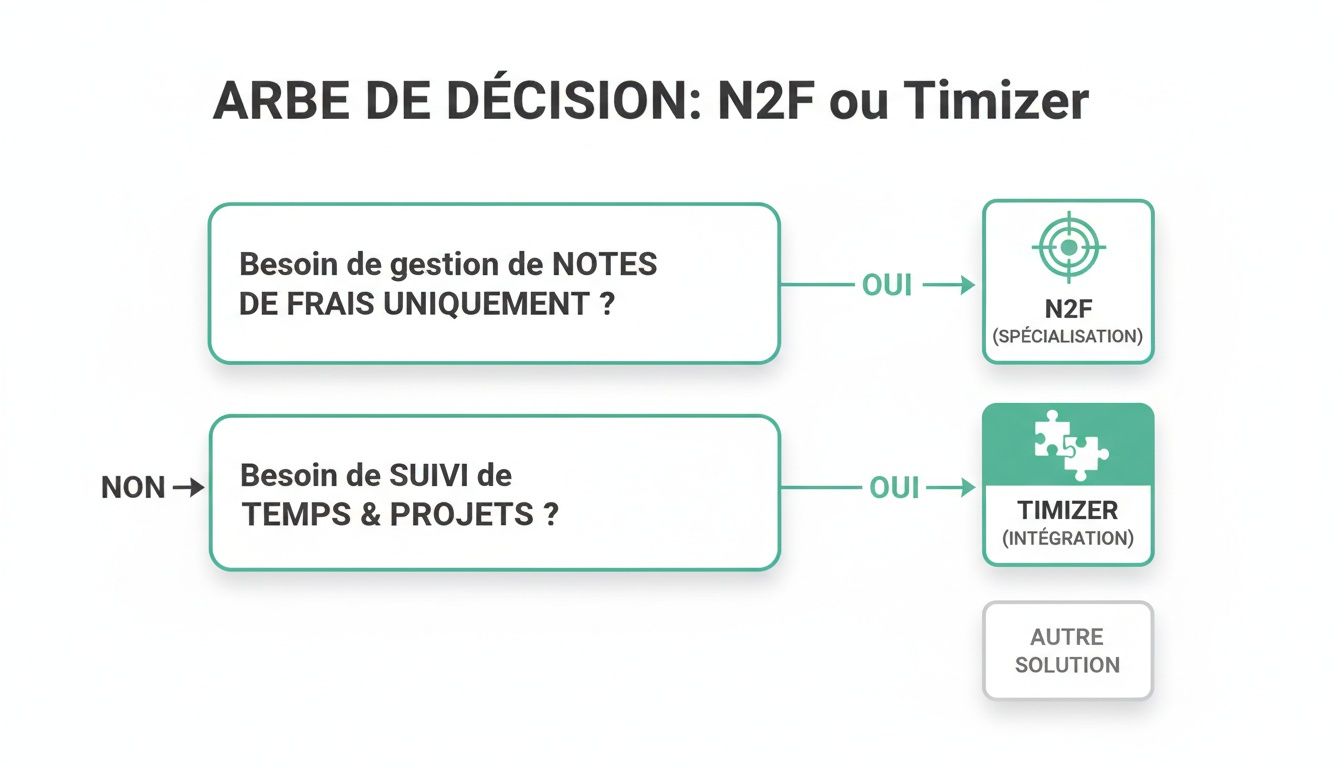 Arbre de décision comparant N2F et Timizer pour la gestion des notes de frais, du temps et des projets.