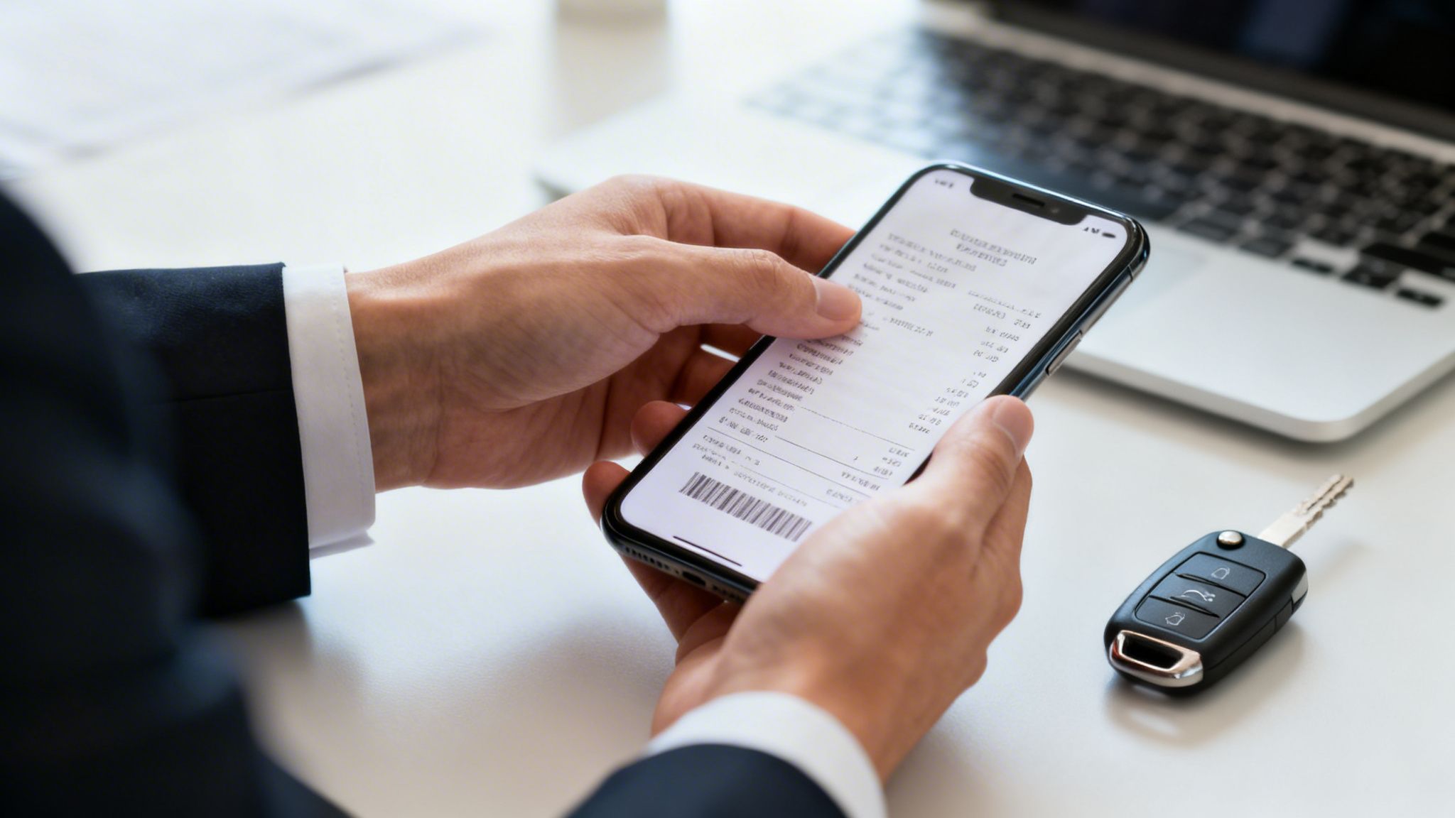 Une personne en costume consulte une note de frais numérique sur son smartphone, avec un ordinateur portable et une clé de voiture sur la table.