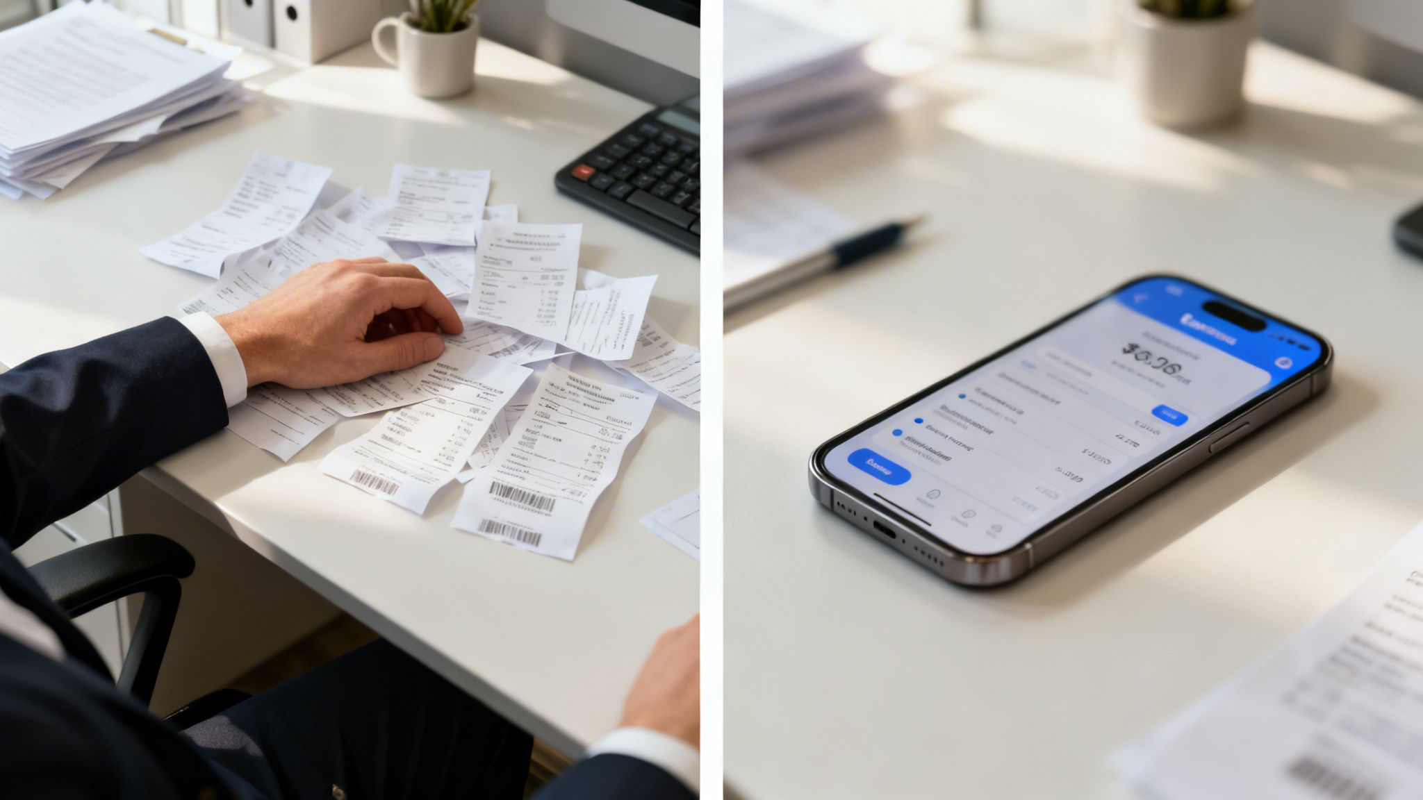 Un homme trie des reçus papier sur un bureau, à côté d'un smartphone affichant une application financière de gestion de dépenses.