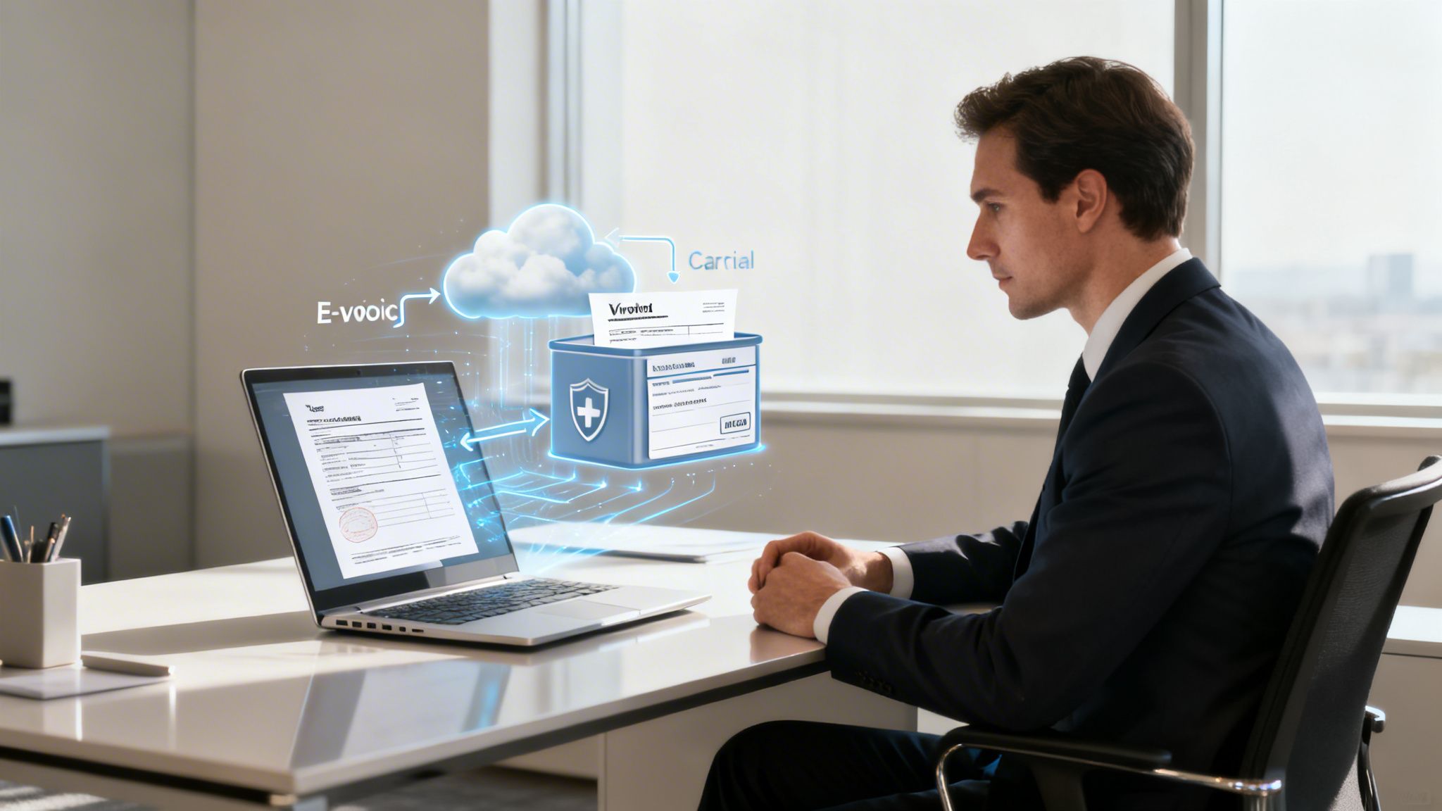 Un homme traite des documents numériques sur un ordinateur portable, avec des flux de données vers un cloud et une boîte médicale.